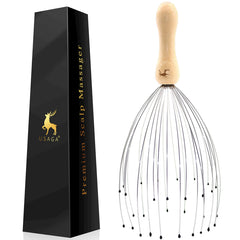 USAGA front view head massager showing full 32-prong layout and ergonomic grip benefits