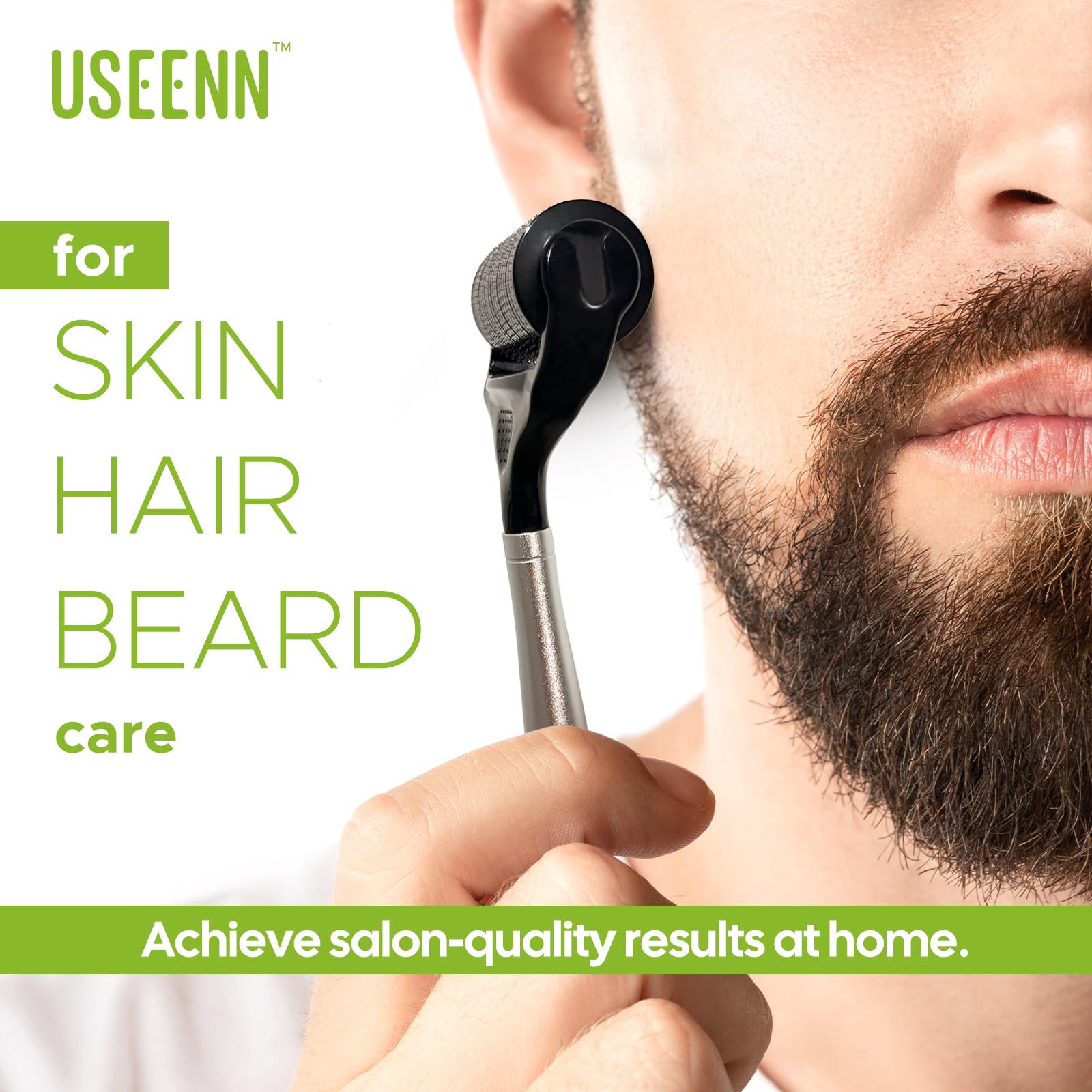 USEENN Ultra Wide Titanium Derma Roller on scalp for multi-use care.
