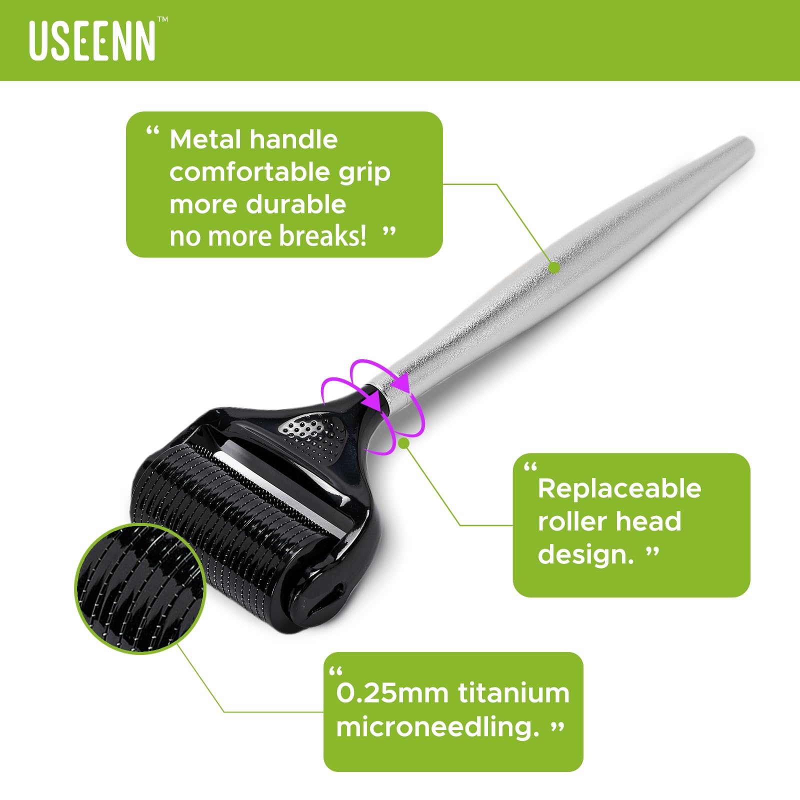 USEENN Ultra Wide Titanium Derma Roller replaceable head close-up.