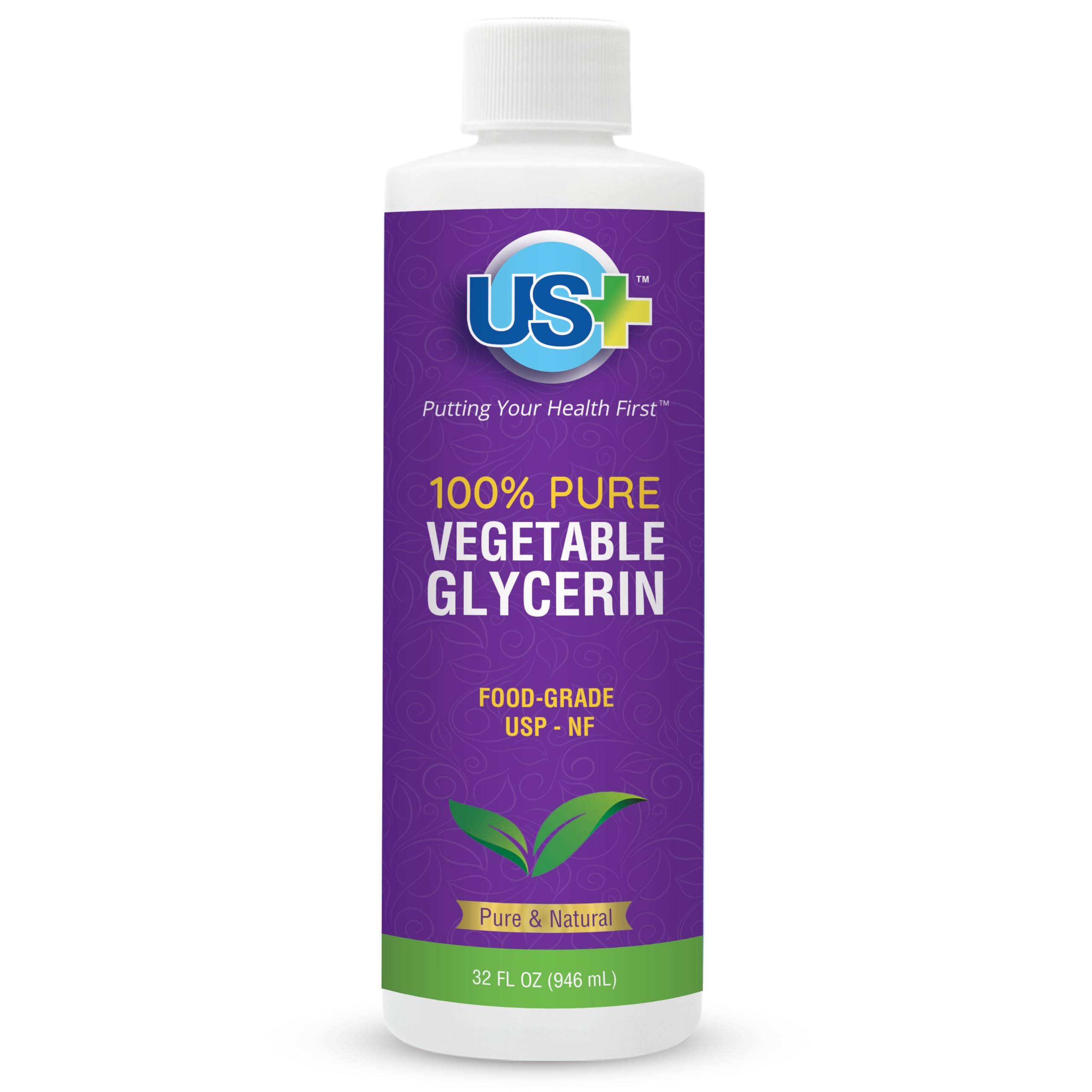 US+ 32oz glycerin bottle shows pure formula for skin hydration.