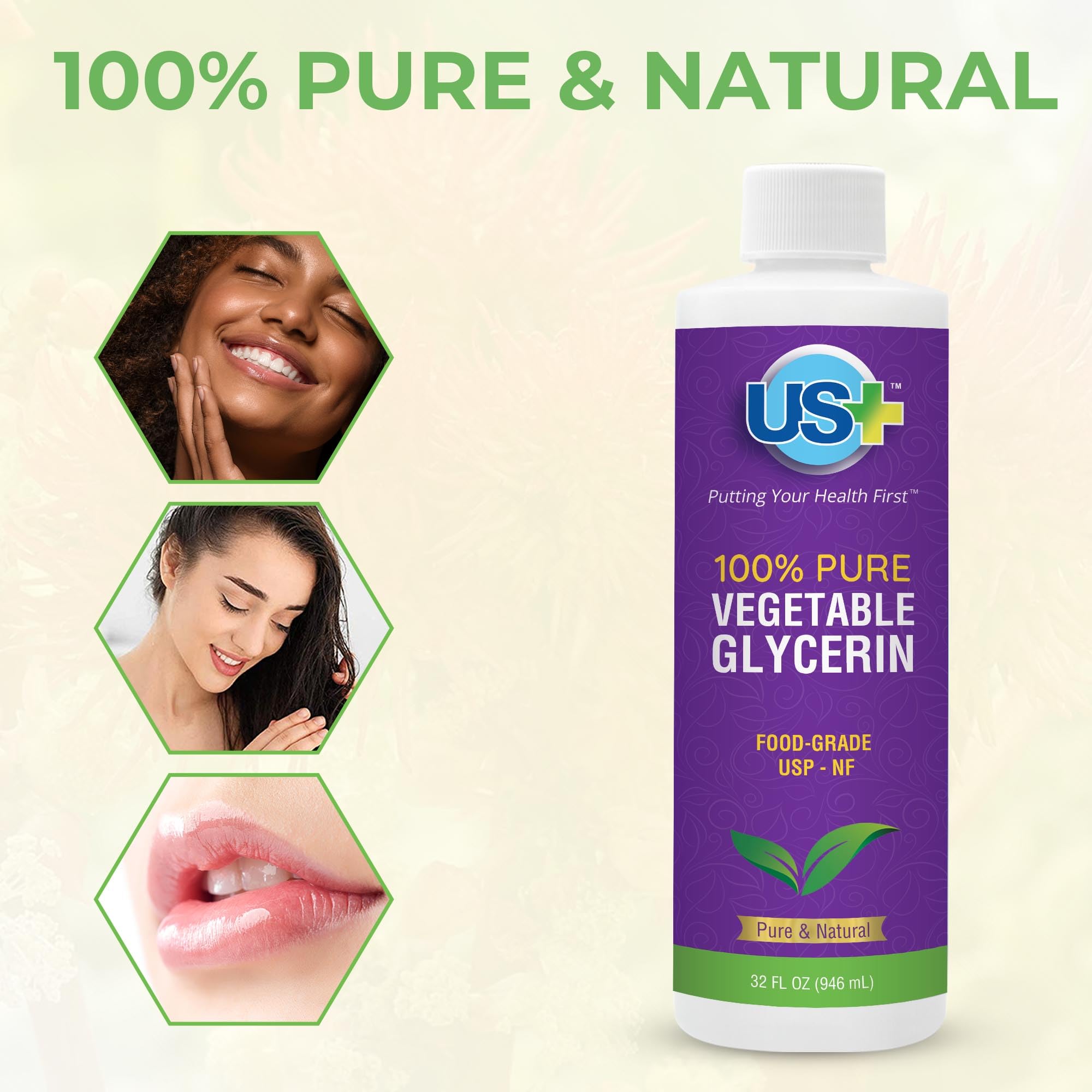 US+ glycerin label emphasizes American-made, pharmaceutical-grade quality.