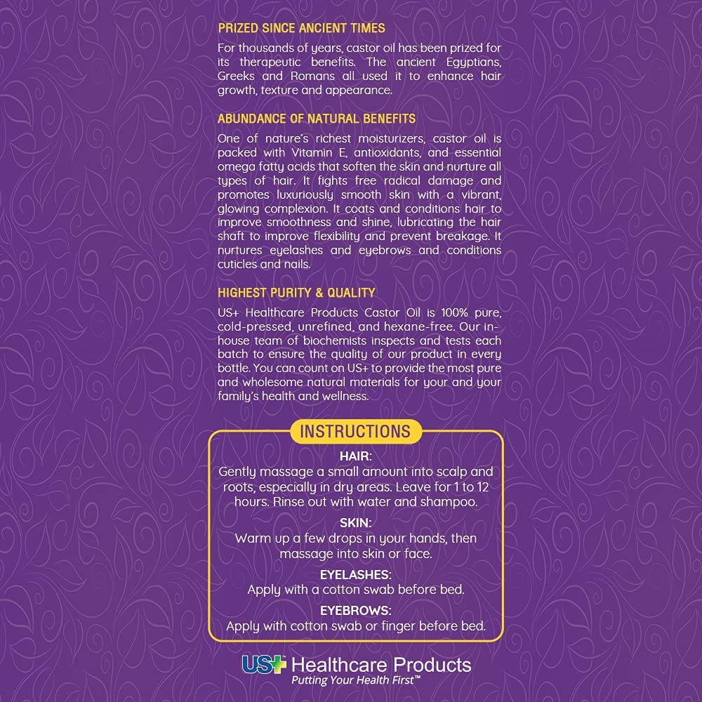 US+ castor oil application scene highlights skin and hair care use.