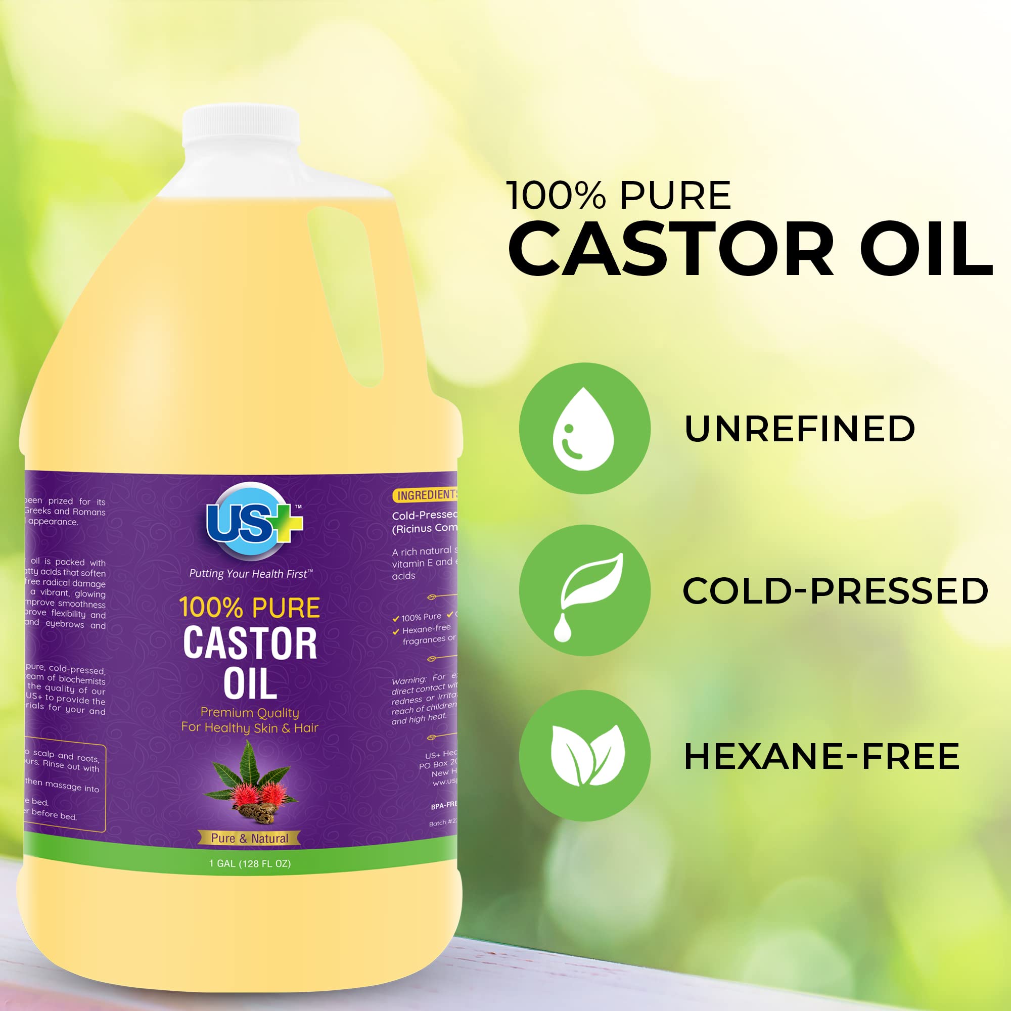 US+ castor oil texture close-up reveals rich consistency for scalp and lashes.