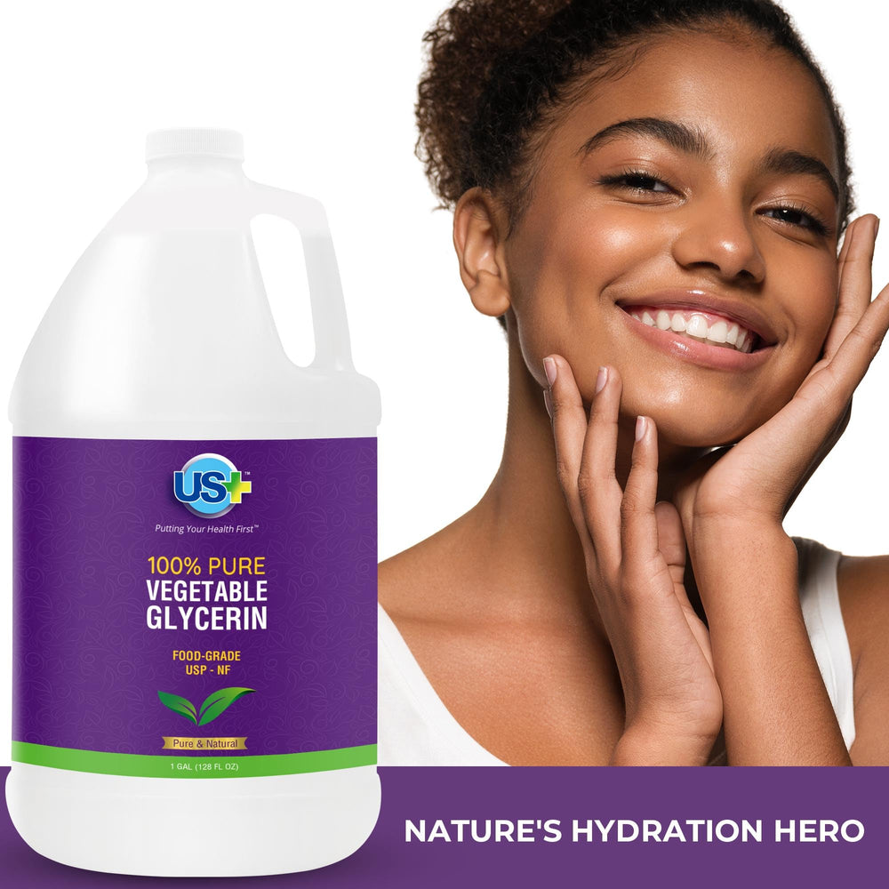US+ vegetable glycerin label emphasizes USP purity and safety for recipes.