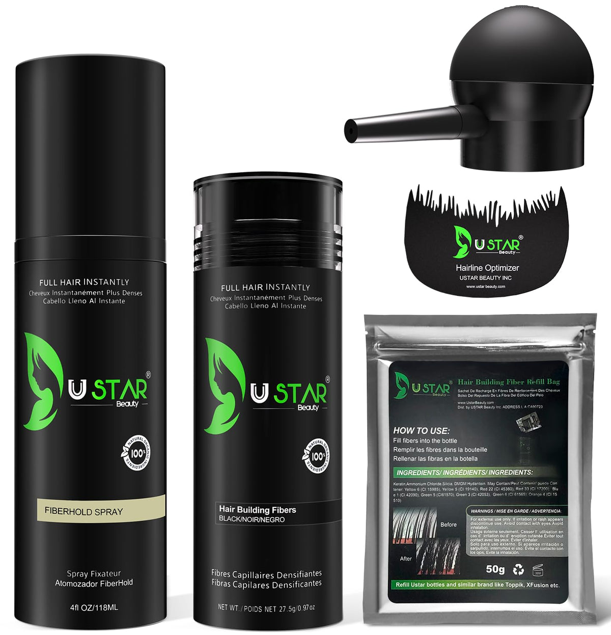 USTAR hair-building fibers collection with natural keratin blend for fuller-looking hair.