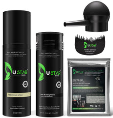 USTAR hair-building fibers collection with natural keratin blend for fuller-looking hair.