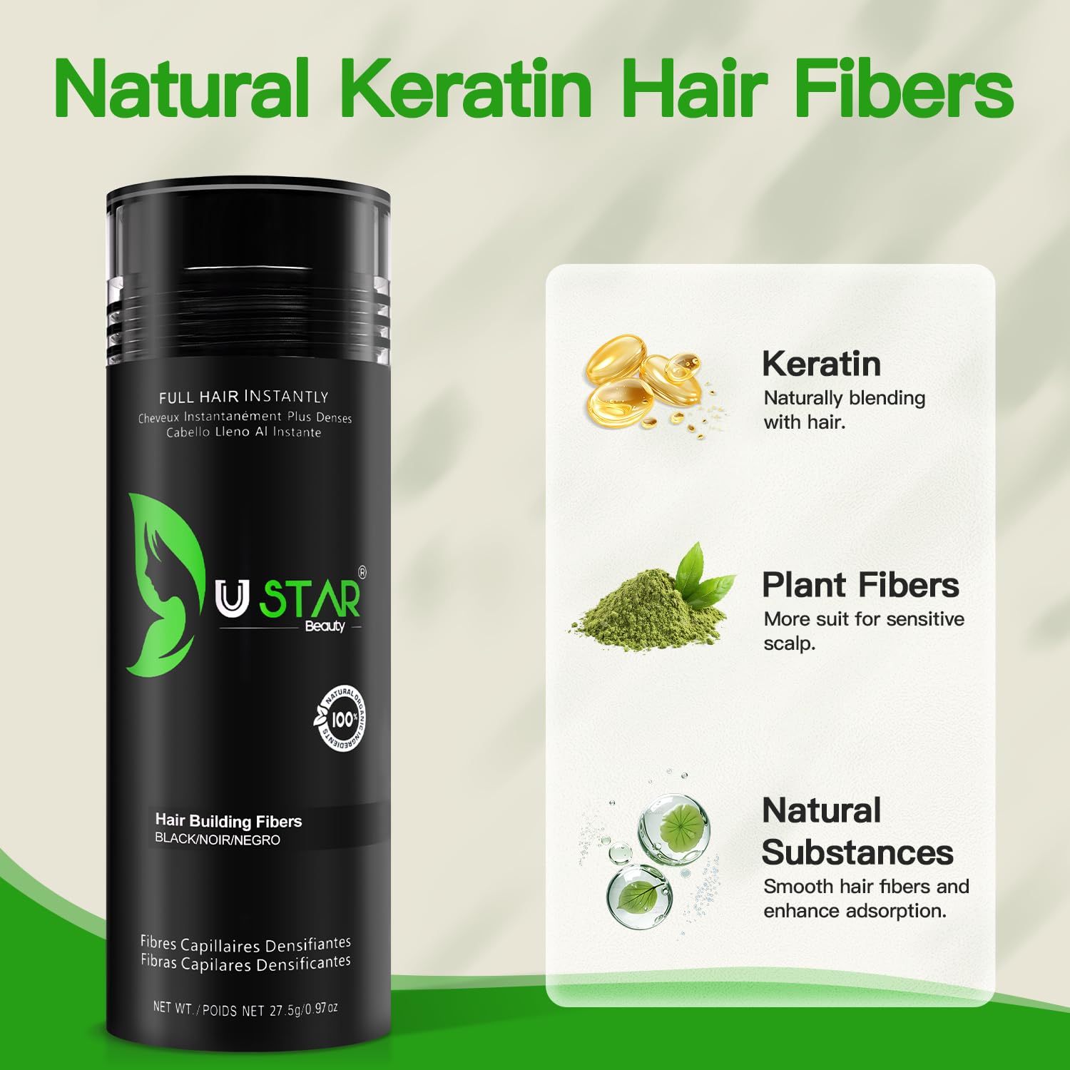 USTAR keratin fibers close-up showing seam-free blend for thinning hair concealment.