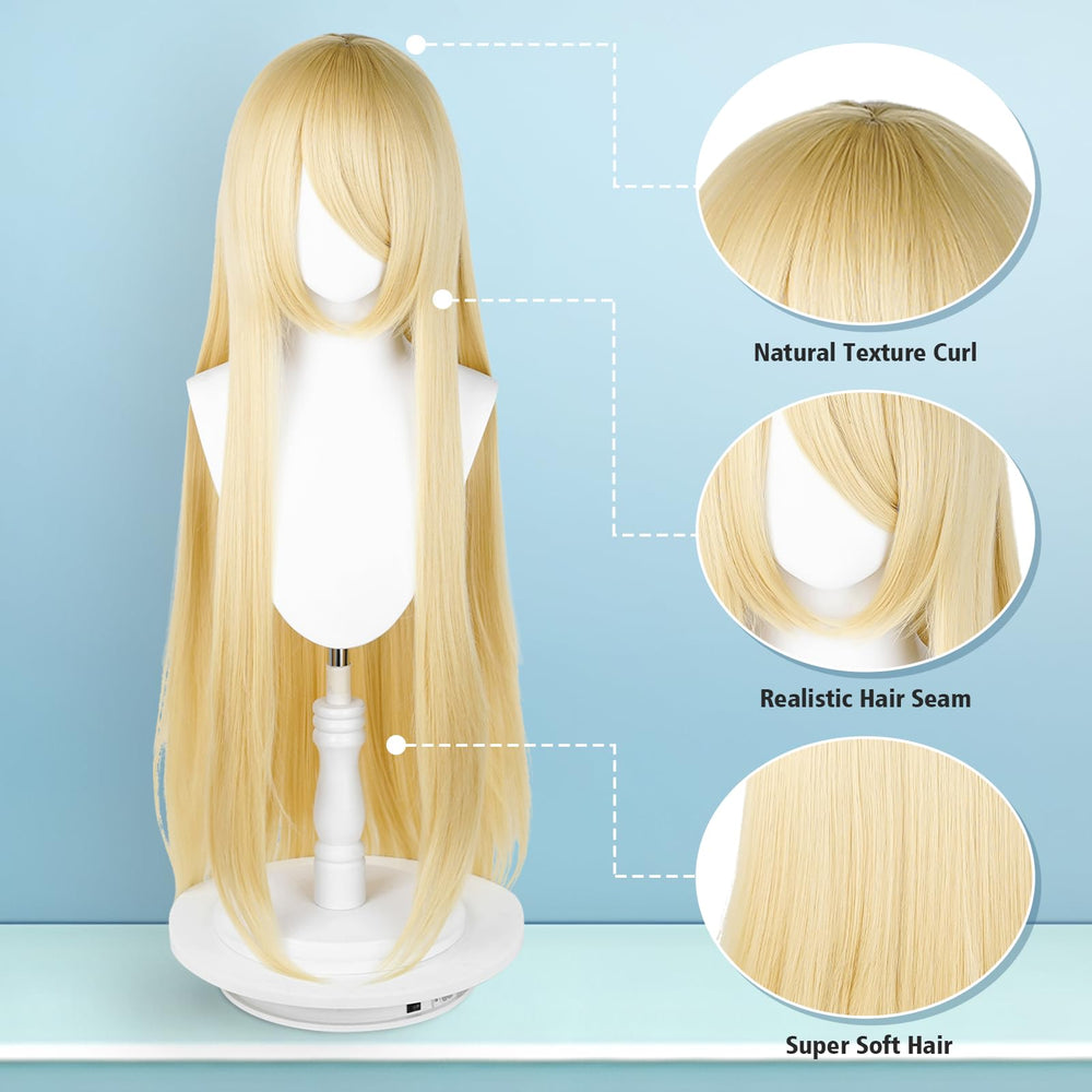 UTIEHD blonde long wig side view emphasizes dramatic volume for character cosplay.