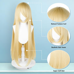 UTIEHD blonde long wig side view emphasizes dramatic volume for character cosplay.