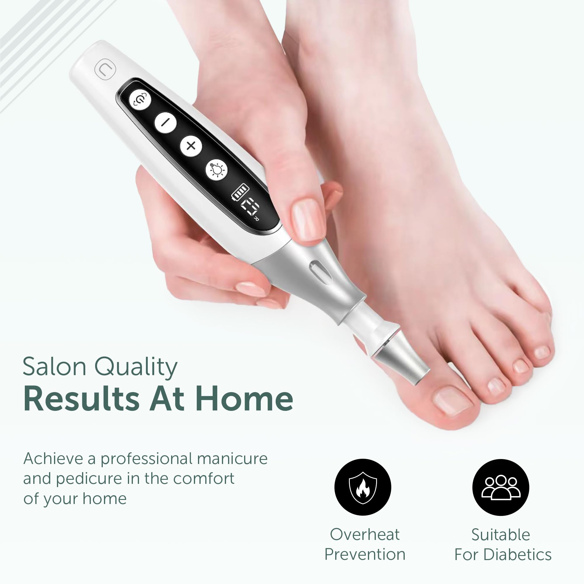 UTILYZE Pedilux Pro 10-speed e-file enables precise filing on thick nails.