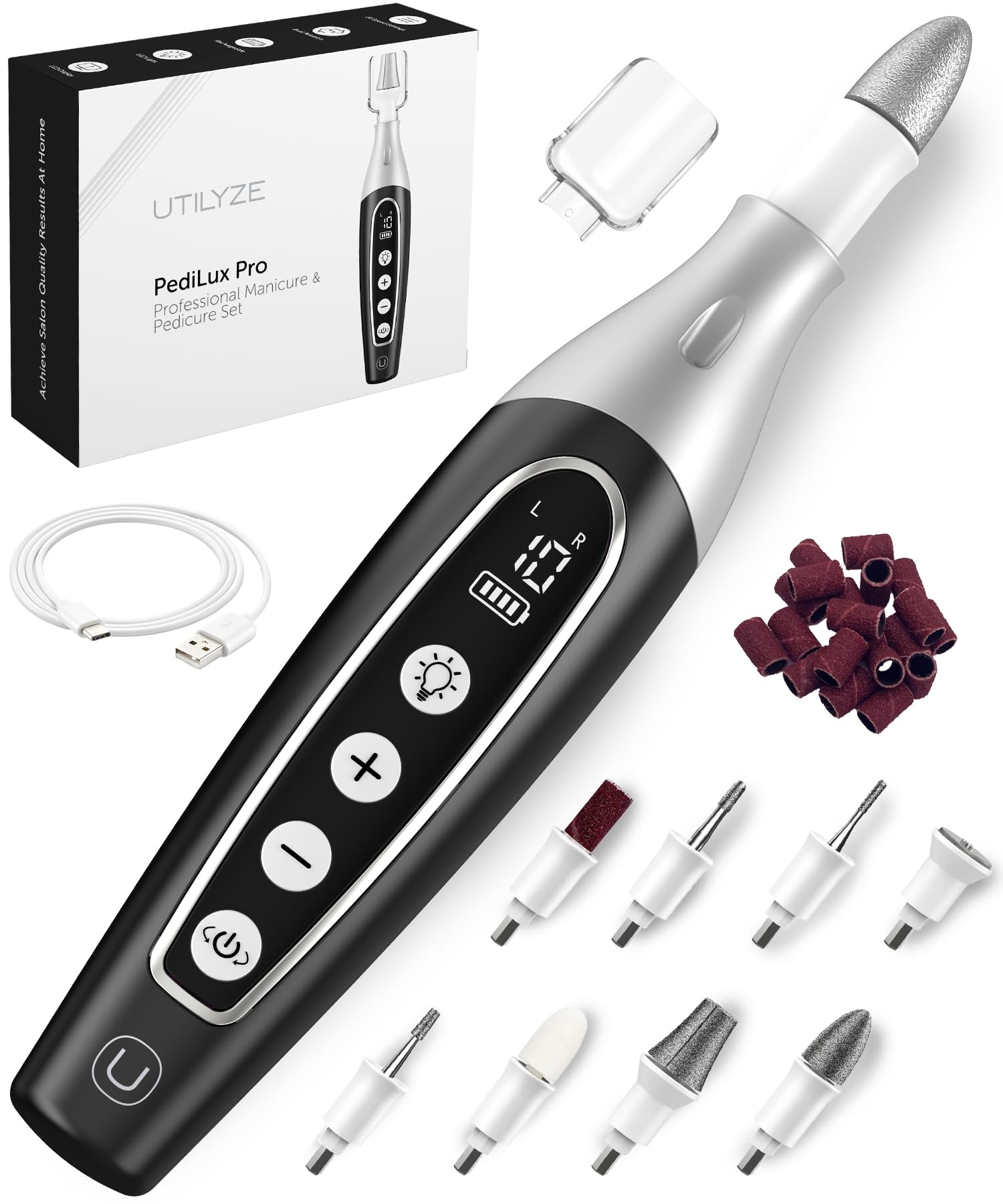 UTILYZE PediLux Pro kit close-up shows an organized at-home nail care set