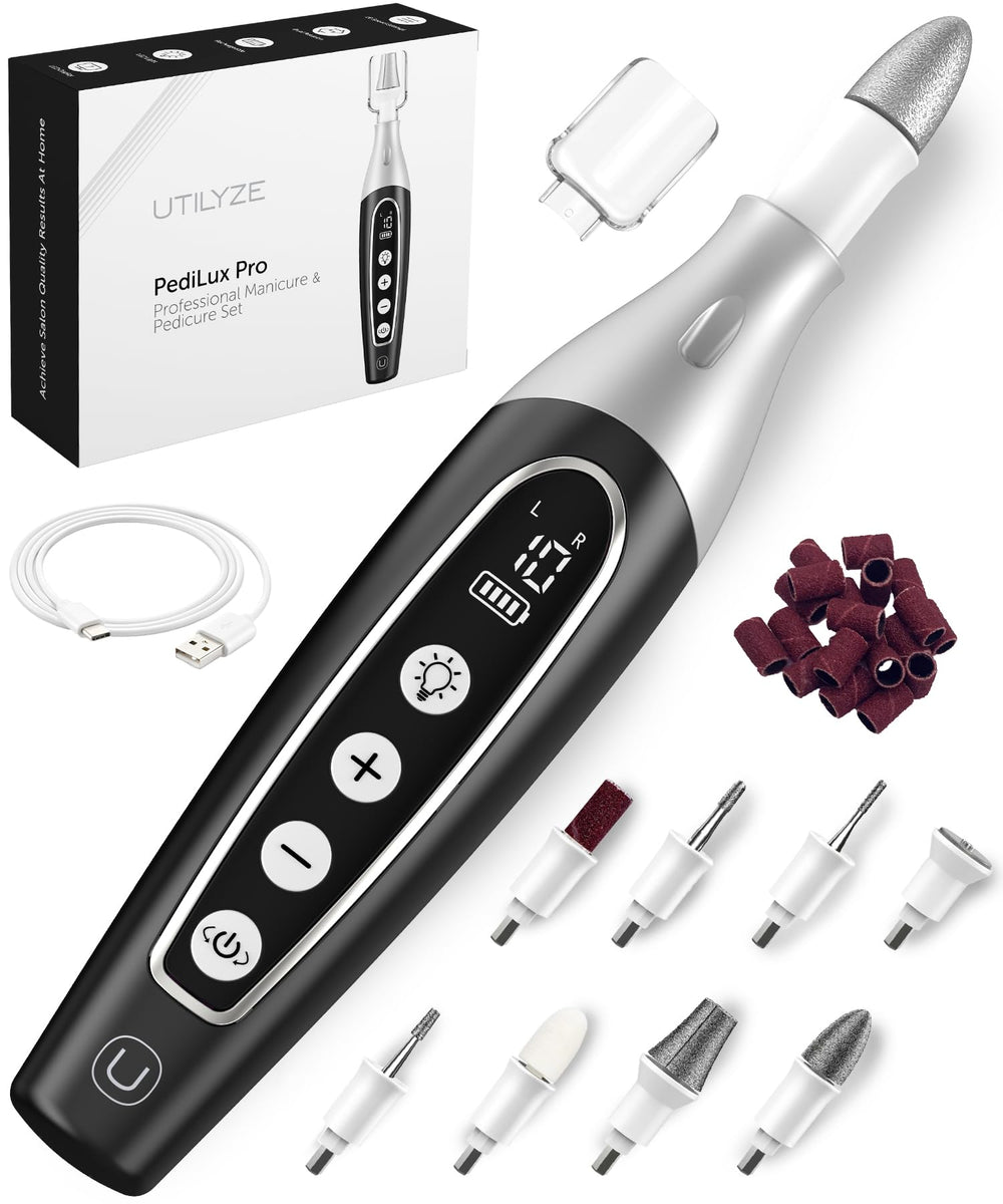 UTILYZE PediLux Pro kit close-up shows an organized at-home nail care set