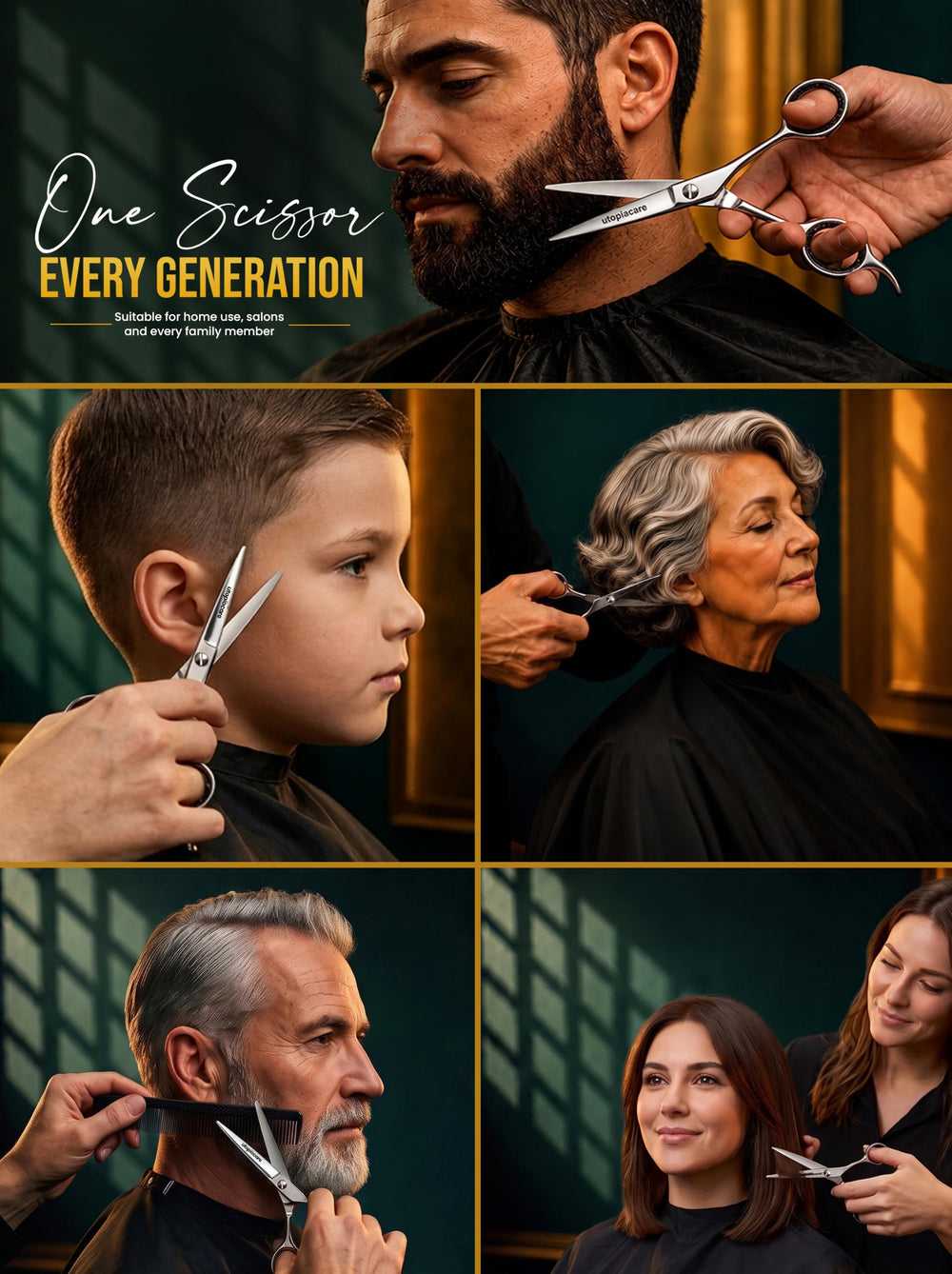 Utopia Care cutting wet hair in use showing smooth, snag-free trimming advantage