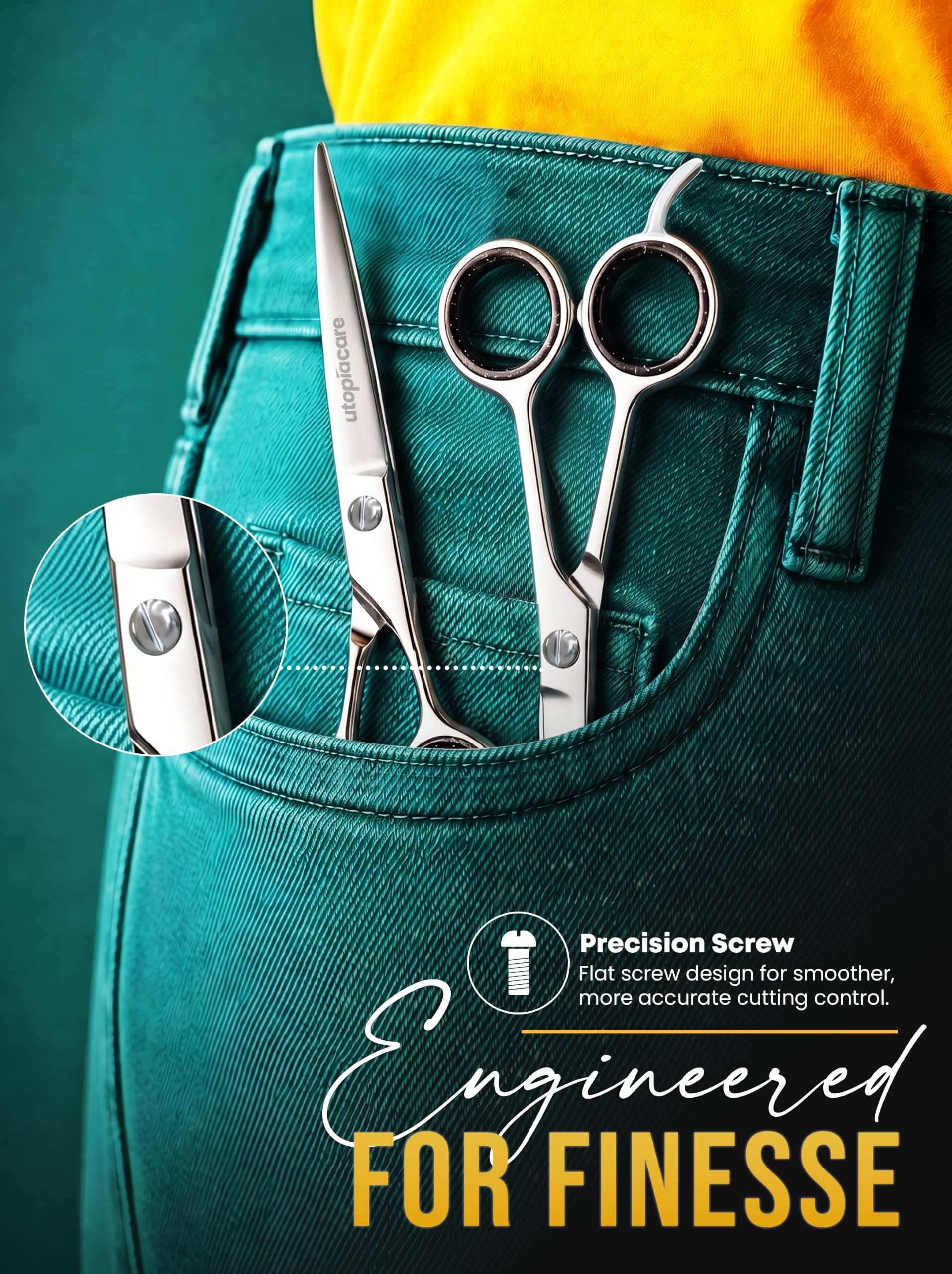 Utopia Care salon setting with shears on styling station conveying professional quality