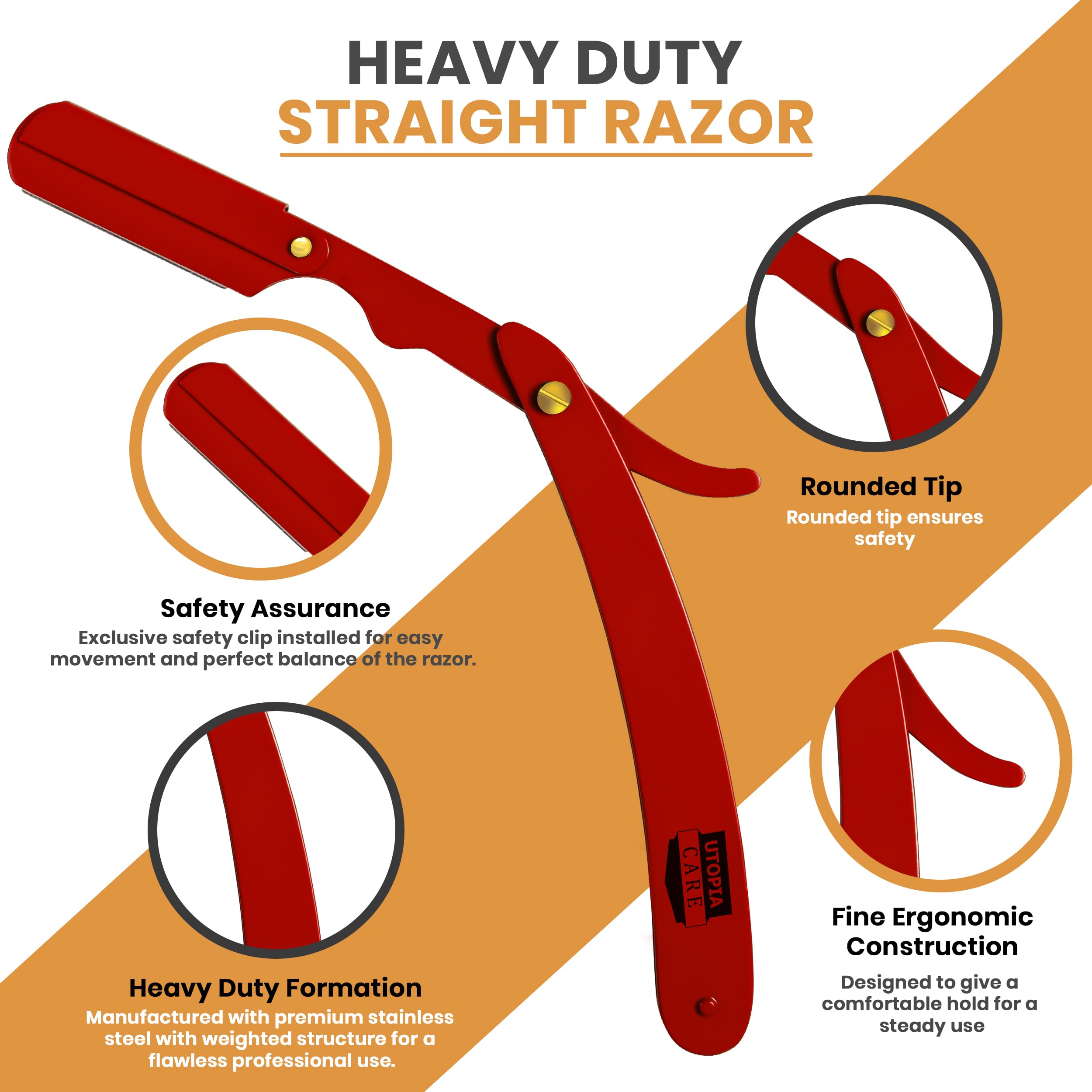 Utopia Care straight razor red blade cover enables safe handling during blade changes.