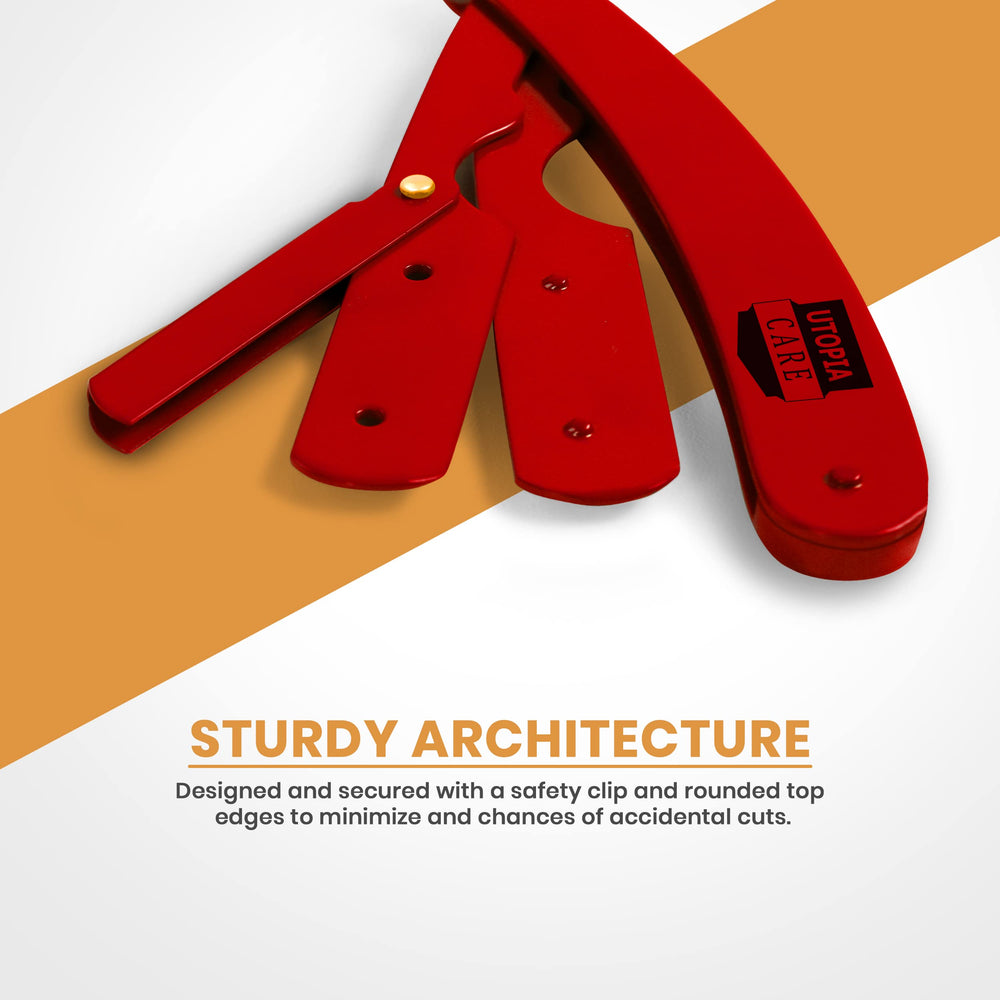 Utopia Care straight razor red safety cap ensures a tight grip before closing safely.