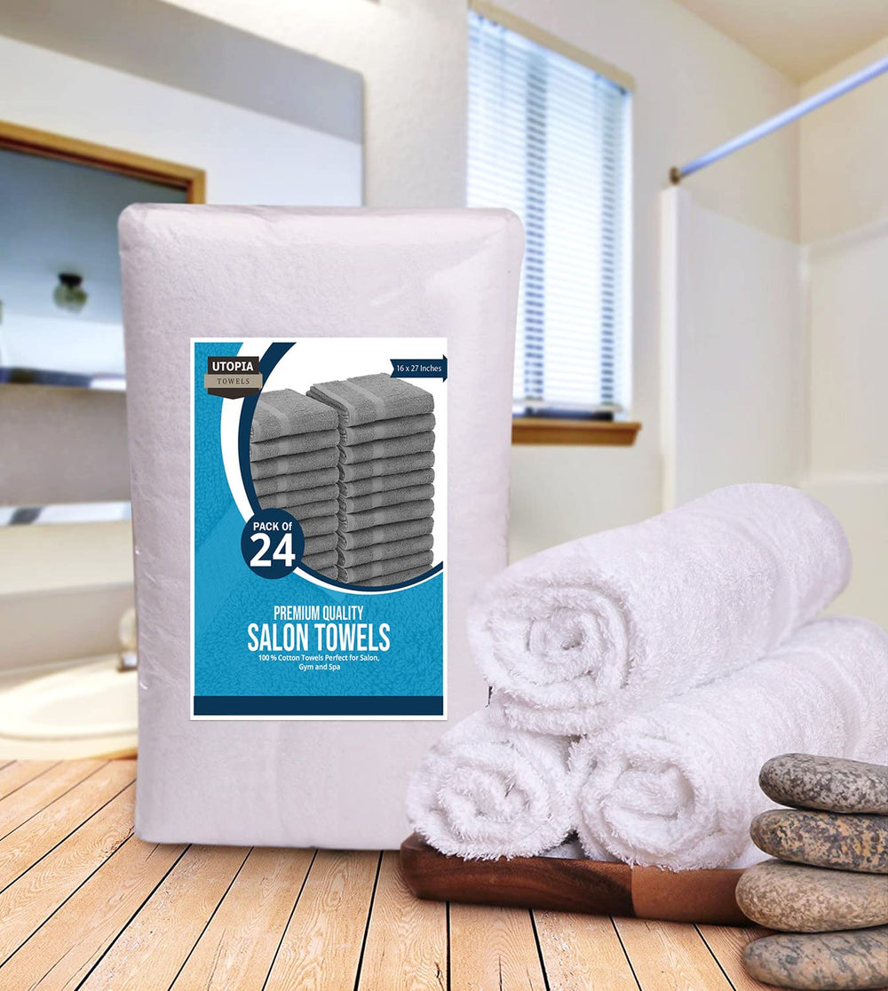 Utopia Towels 16x27 inch towels spread flat in a tidy station.