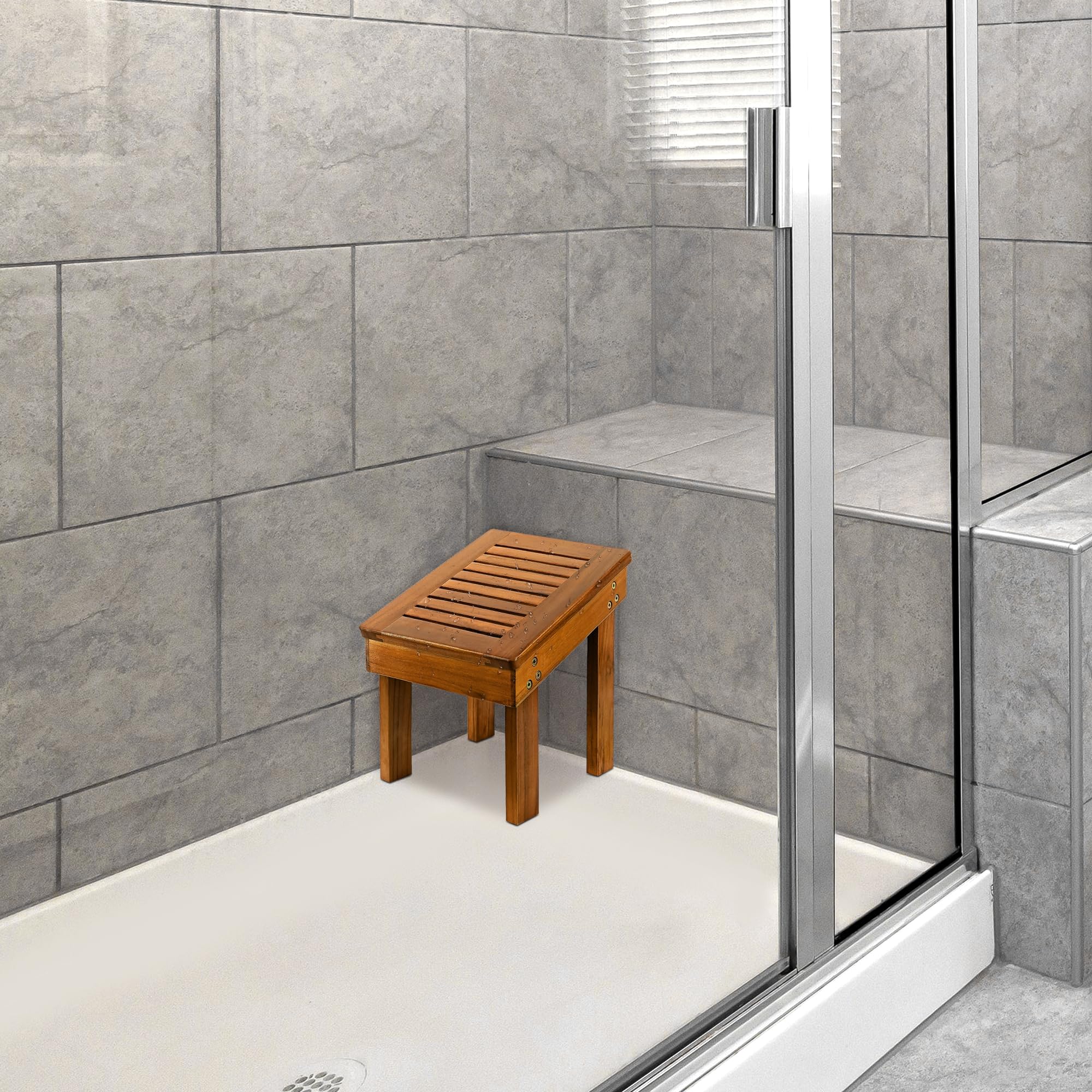 Utoplike Teak Shower Foot Stool care and cleaning image suggests easy maintenance.