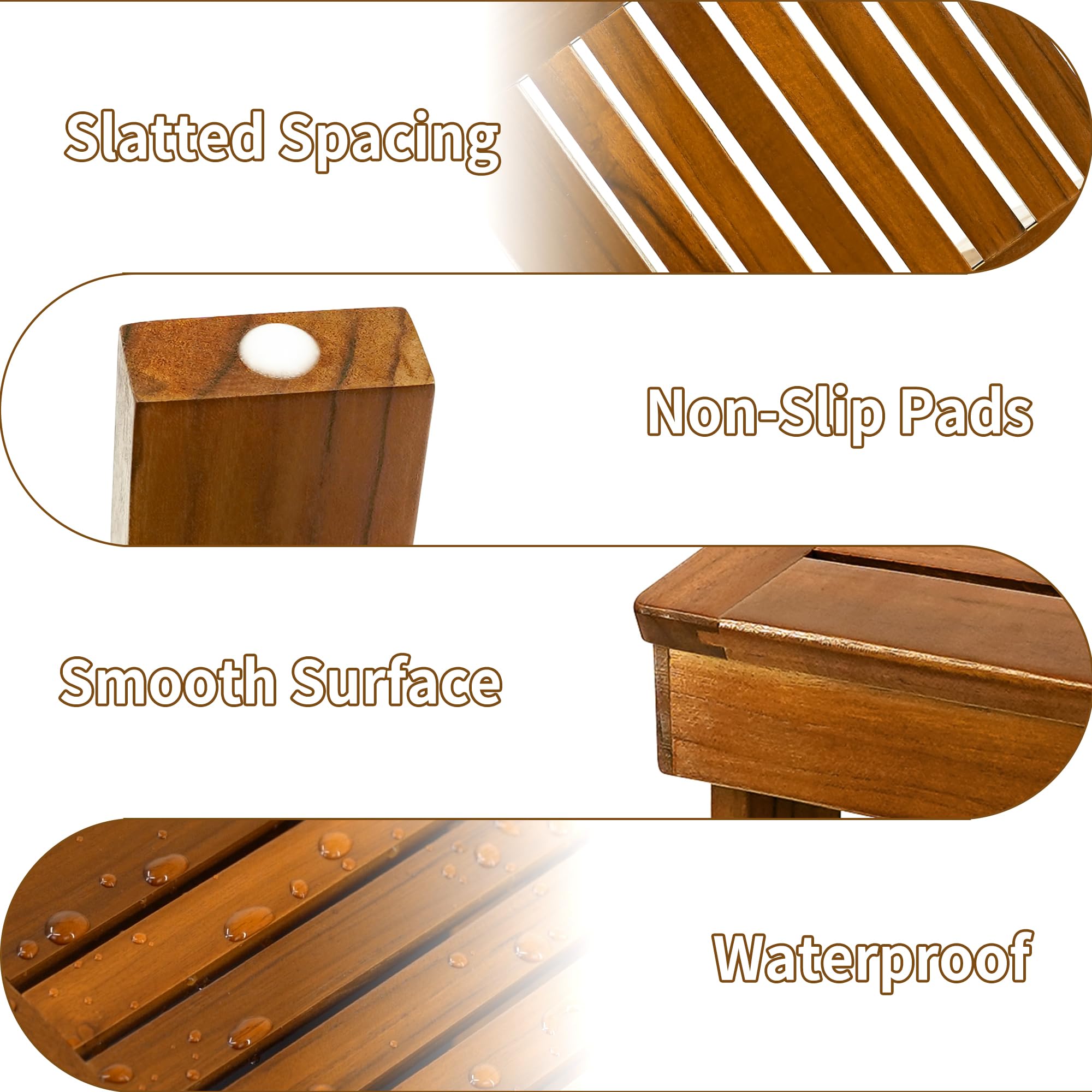Utoplike Teak Shower Foot Stool compact dimensions fit neatly in shower corners.