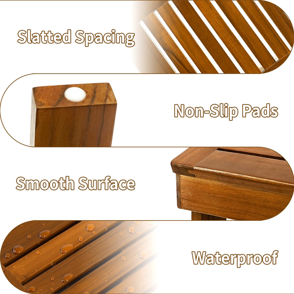 Utoplike Teak Shower Foot Stool compact dimensions fit neatly in shower corners.