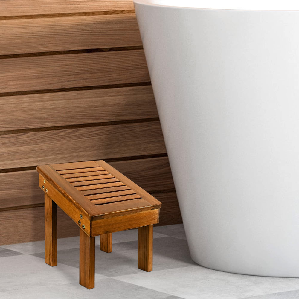 Utoplike Teak Shower Foot Stool in bathroom scene shows versatile everyday use.
