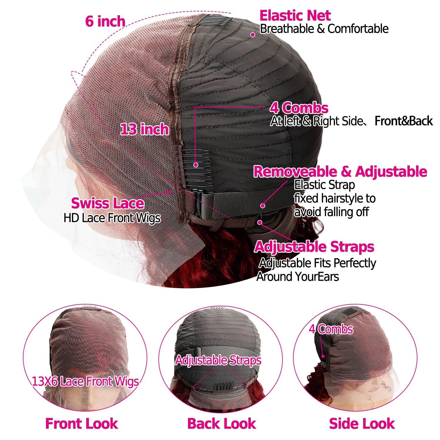 UTracycoy Burgundy wig cap construction shows secure fit and adjustable straps for comfort