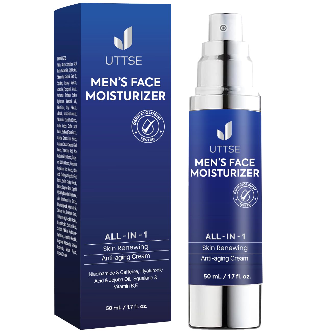 Uttse 6-in-1 face cream pump bottle provides daily hydration for men.