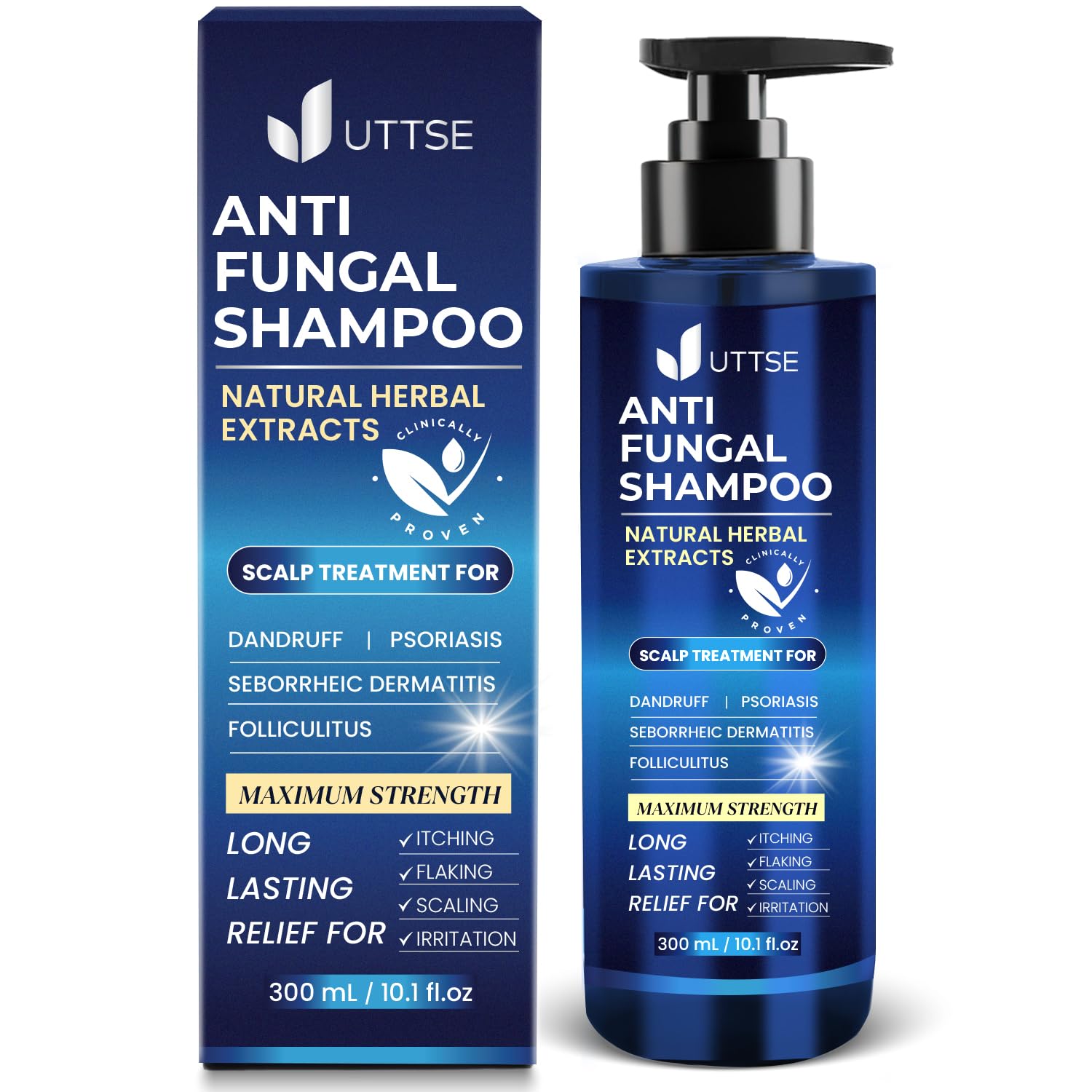 Uttse anti-fungal shampoo bottle for soothing scalp care and itch relief.