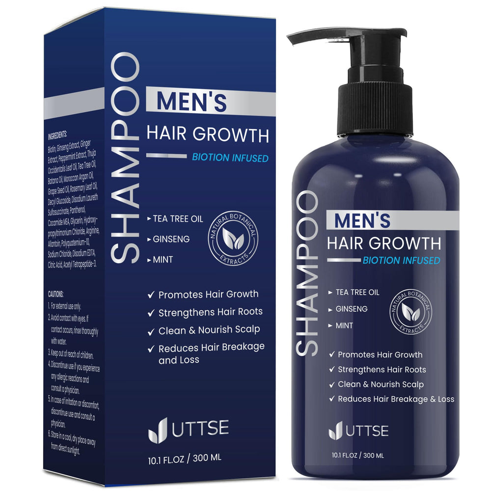 Uttse Biotion shampoo bottle dark blue—premium thickening formula for fuller-looking hair.