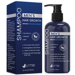Uttse Biotion shampoo bottle dark blue—premium thickening formula for fuller-looking hair.
