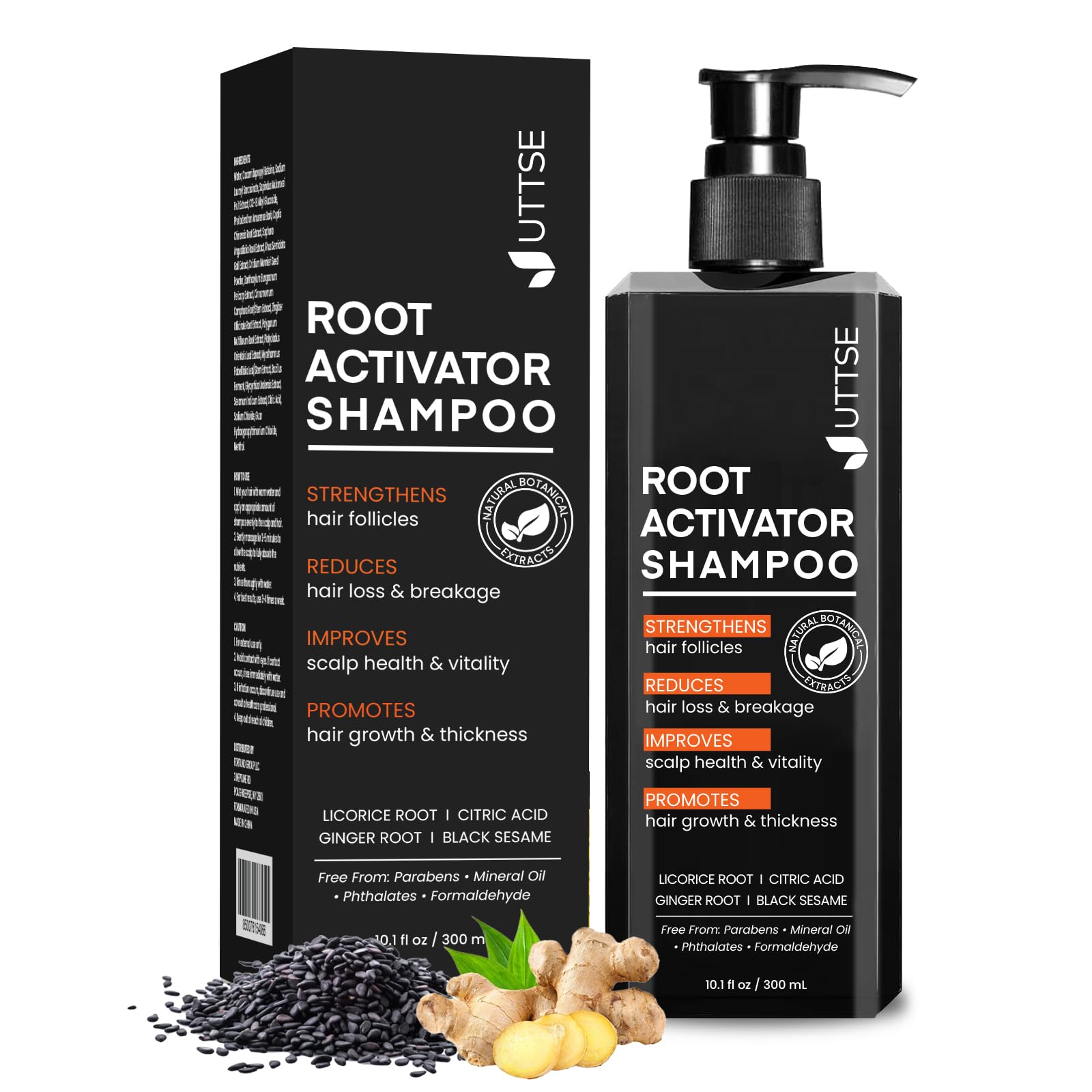 Uttse Root Activator Shampoo bottle close-up showing daily hair care benefits.