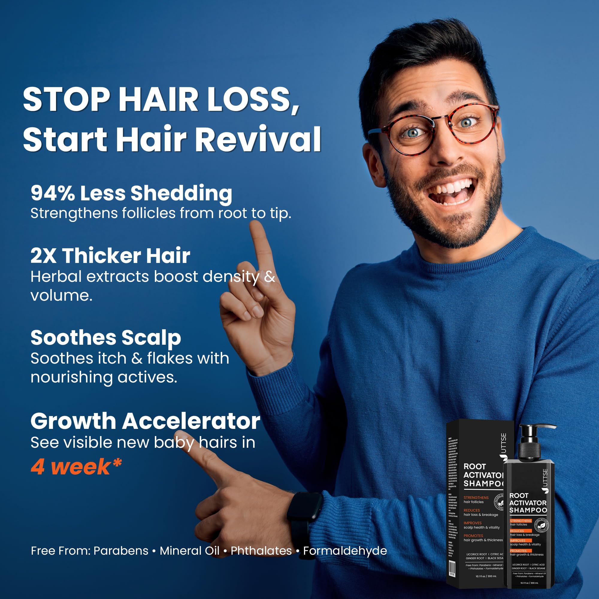Uttse Root Activator Shampoo label close-up highlighting natural ingredients for scalp health.