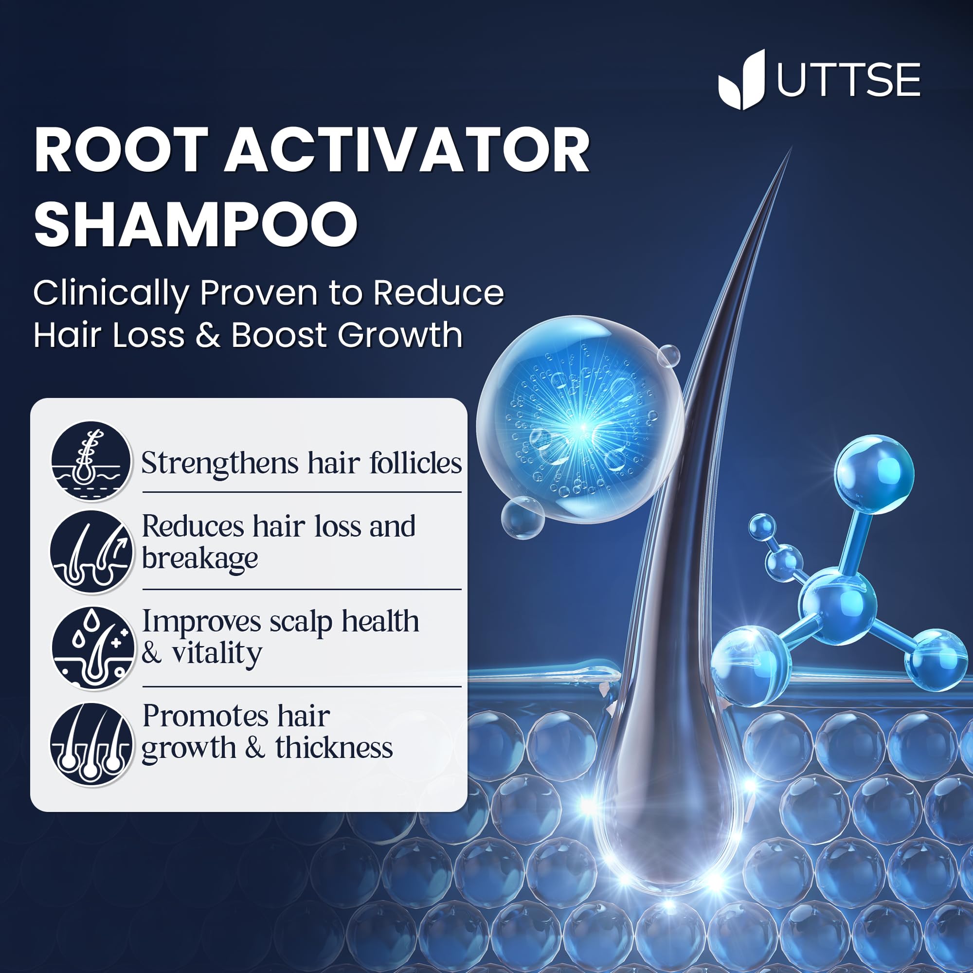 Uttse Root Activator Shampoo bottle on bathroom shelf signaling routine nourishment.