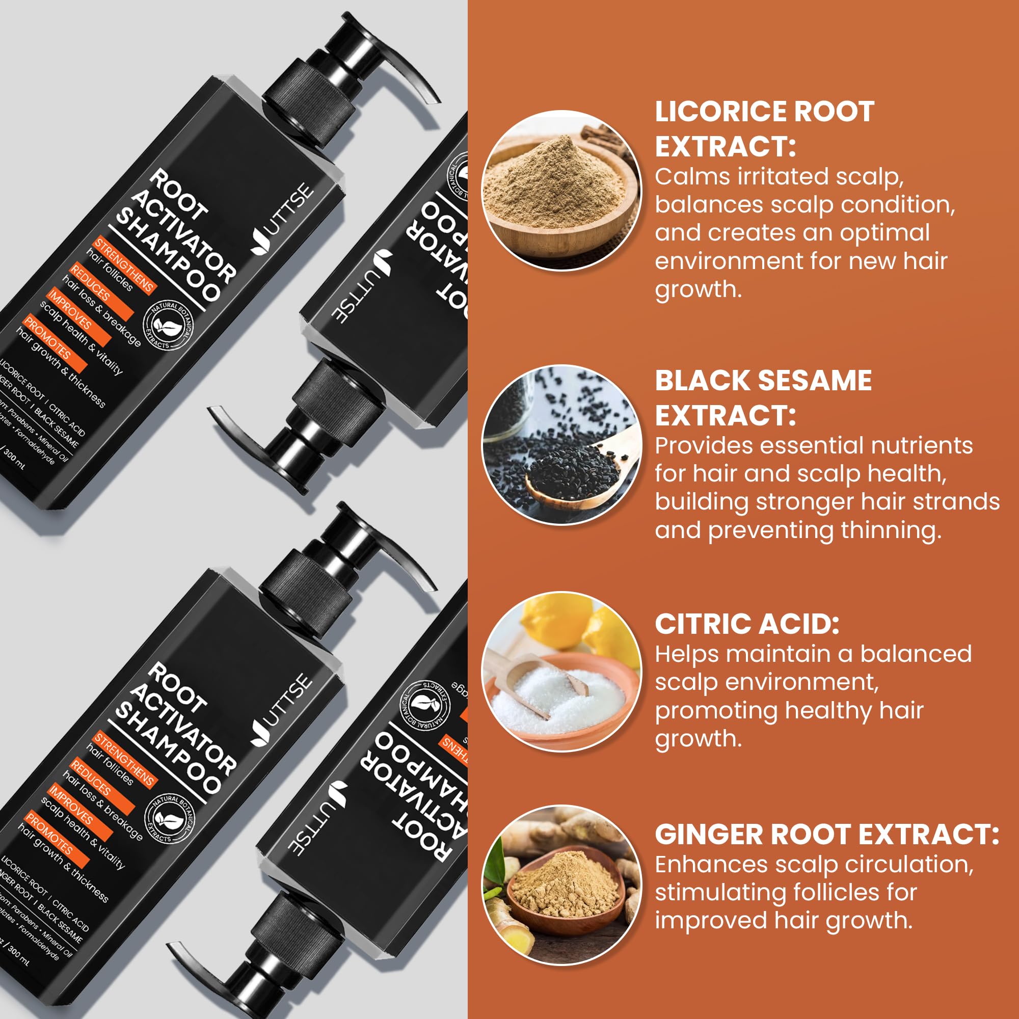 Uttse Root Activator Shampoo pump in action for easy daily use.