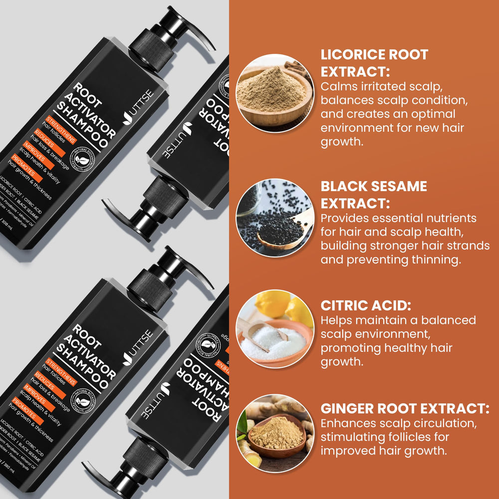Uttse Root Activator Shampoo pump in action for easy daily use.