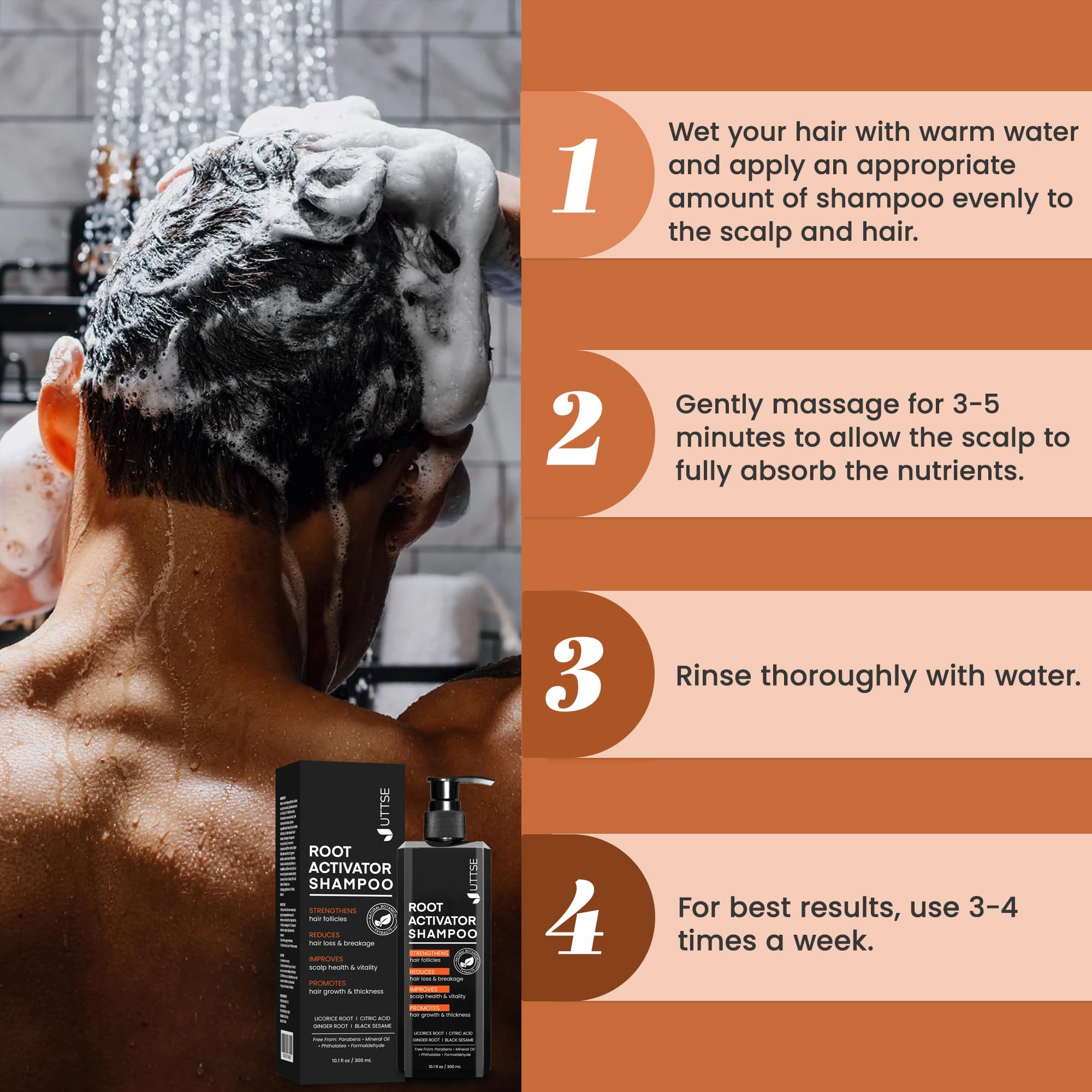 Uttse Root Activator Shampoo being applied to the scalp during a routine.