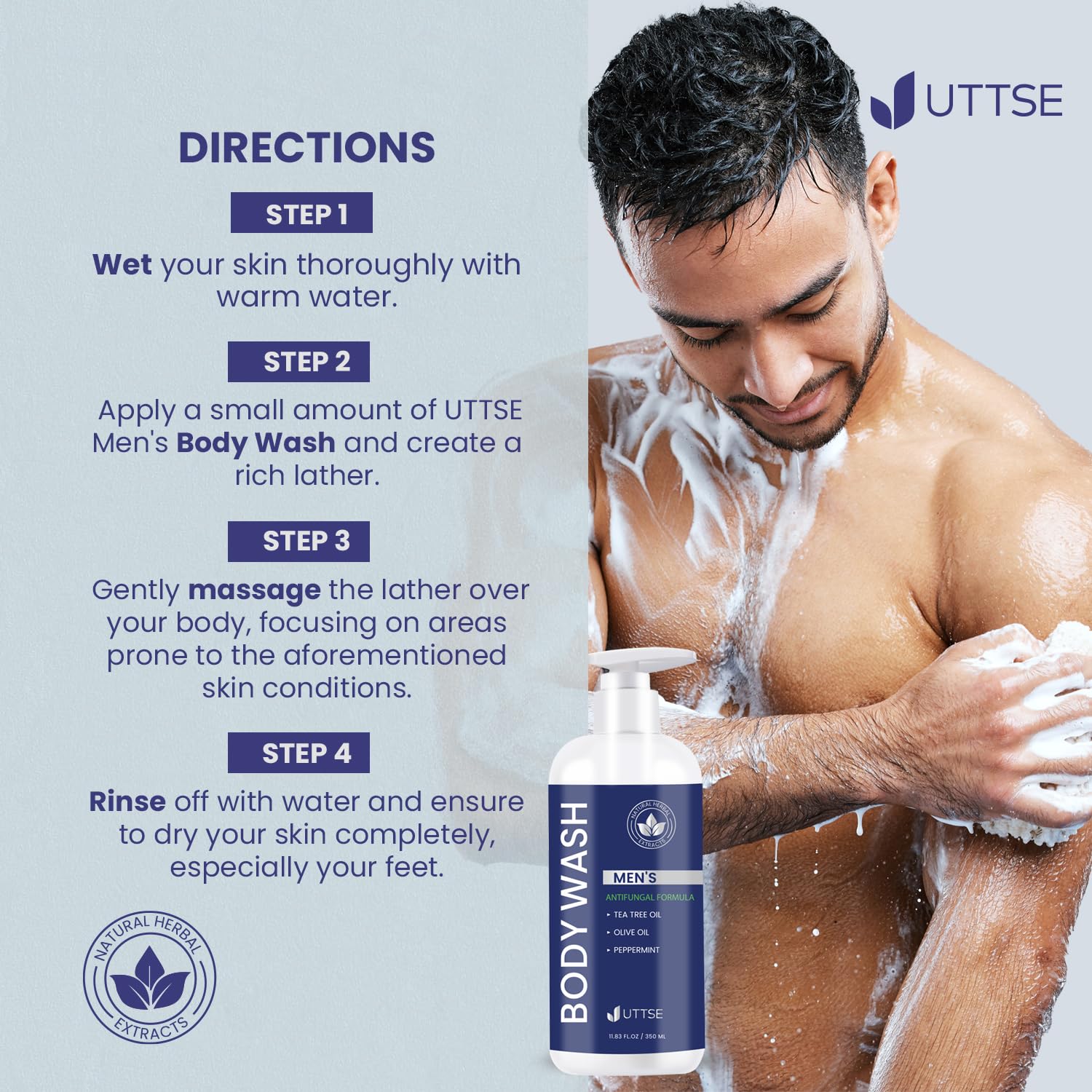Uttse Tea Tree Body Wash displayed on bathroom shelf.