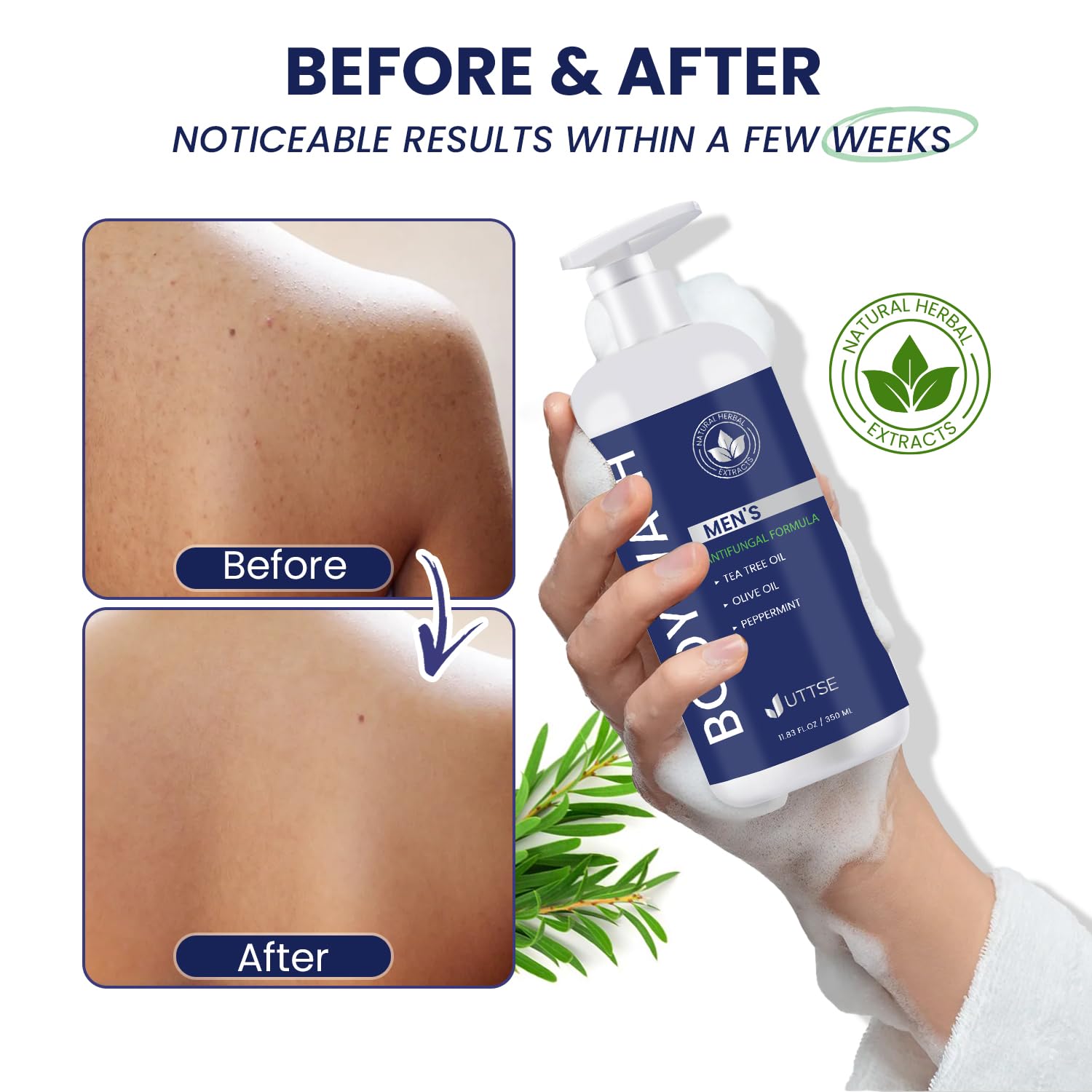 Uttse Tea Tree Body Wash packaging shot emphasizing travel-friendly 11.8 oz size.