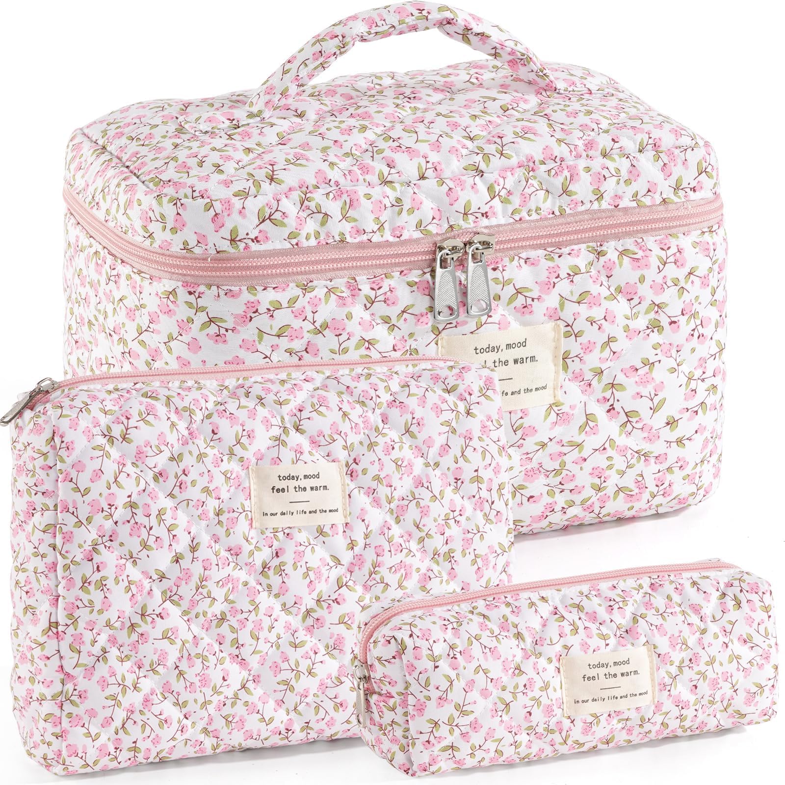 UUYUUY makeup bag with floral pattern showing roomy main compartment for cosmetics.