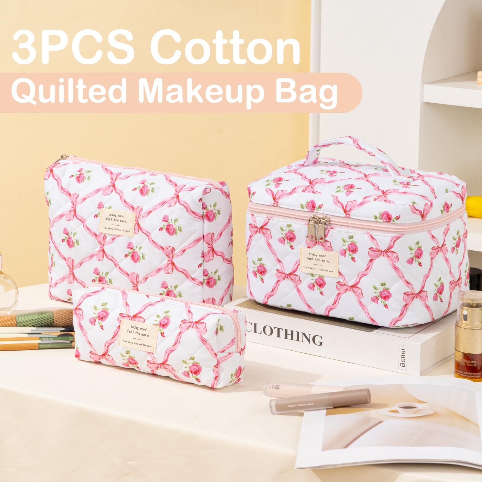 UUYUUY makeup bag pink floral inside view reveals spacious compartments for brushes and liners.