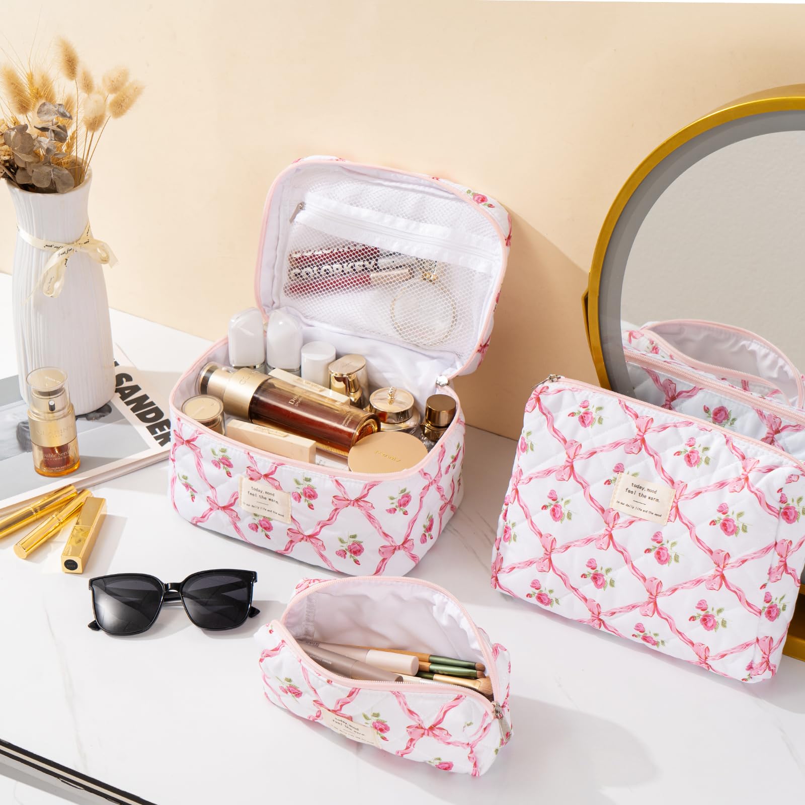 UUYUUY makeup bag pink floral side view highlights portable storage for travel essentials.