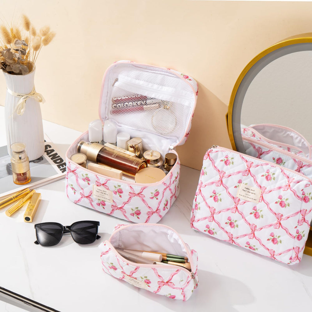UUYUUY makeup bag pink floral side view highlights portable storage for travel essentials.