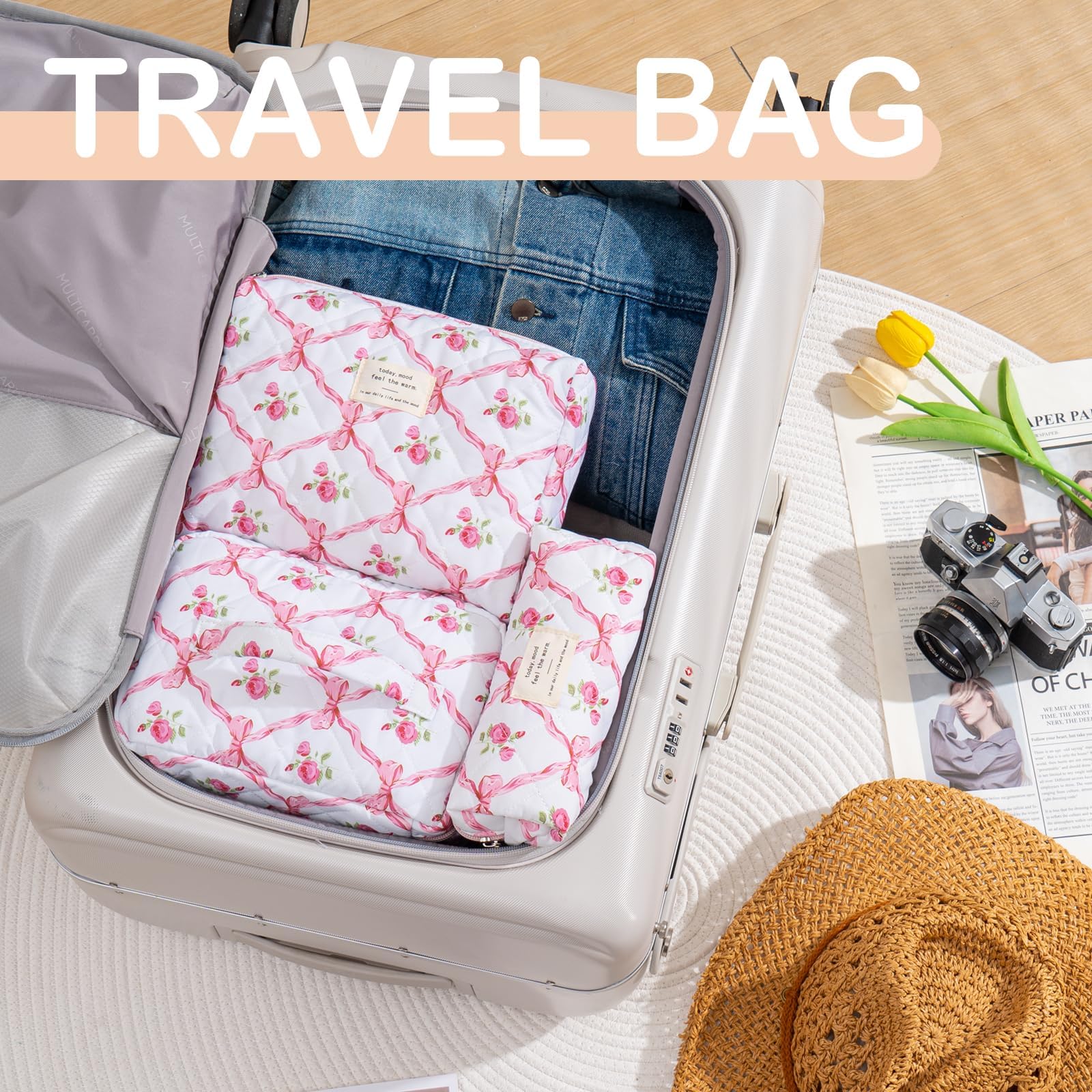 UUYUUY makeup bag pink floral travel-ready set for vacations and weekend getaways.