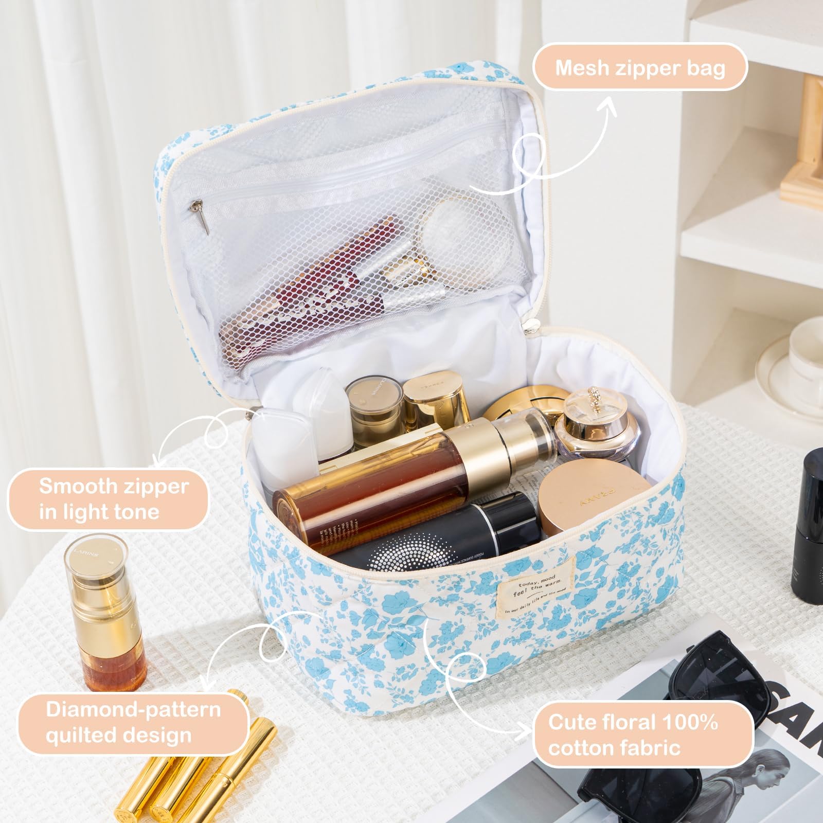 UUYUUY quilted floral pouch versatile use for cosmetics and skincare
