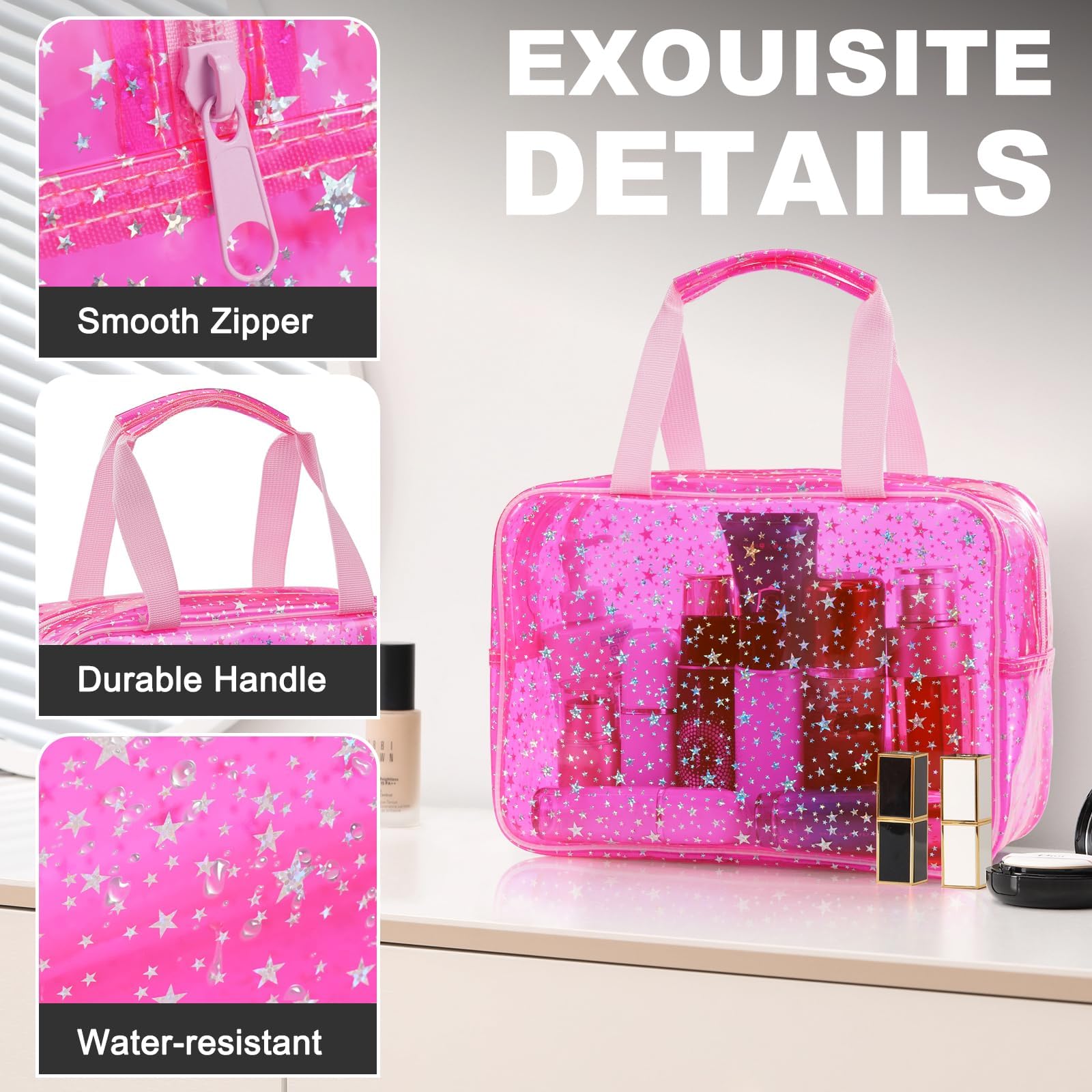UUYUUY easy-clean clear bag simplifies cleanup after makeup sessions or gym days.