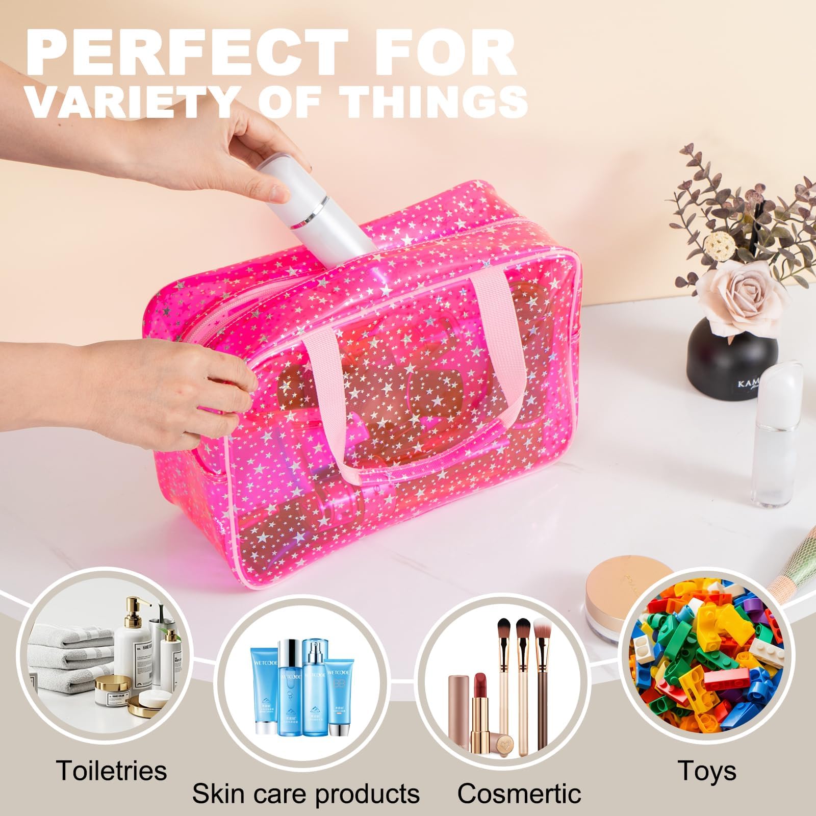 UUYUUY gift-ready clear makeup bag in pink with chic star motif.