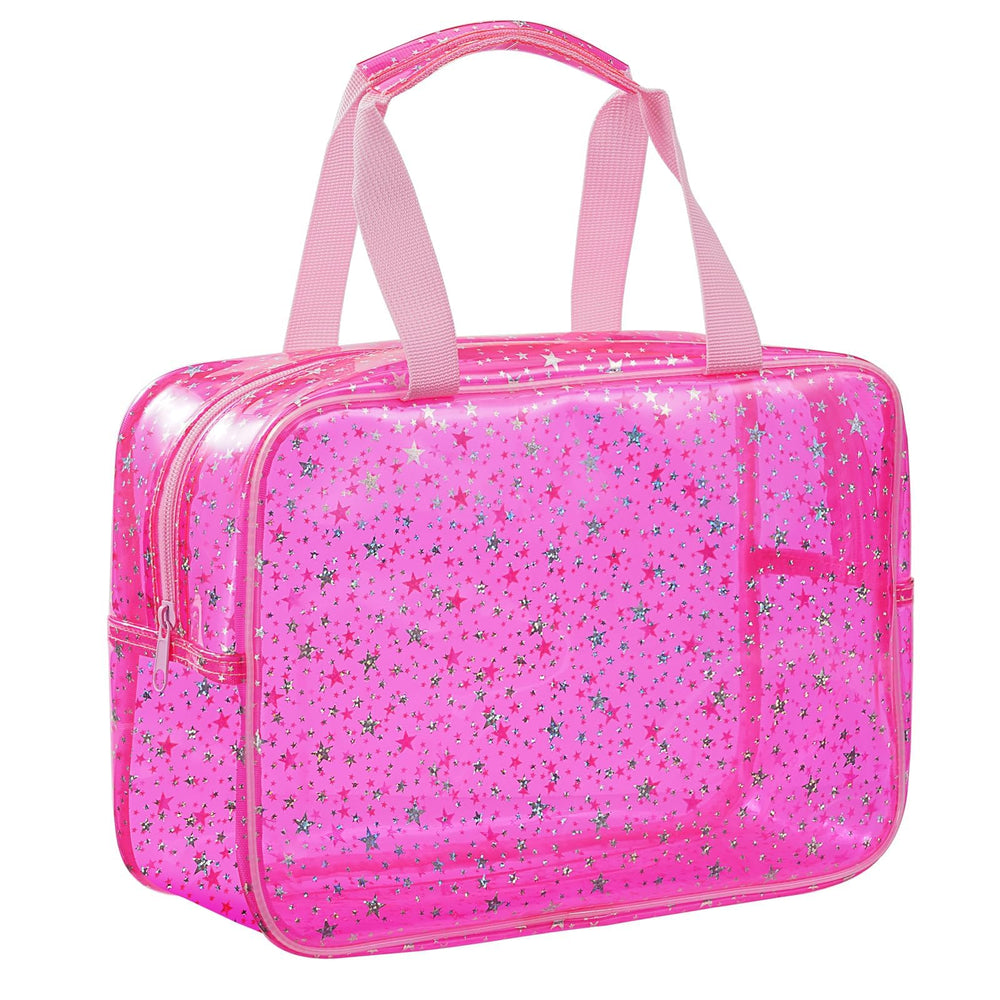 UUYUUY PVC clear makeup bag with star pattern in pink for quick item spotting.