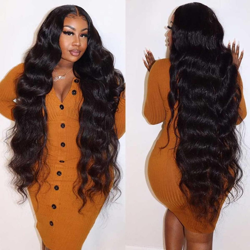 Uveous 28-inch body wave wig close-up shows glueless lace and natural movement.