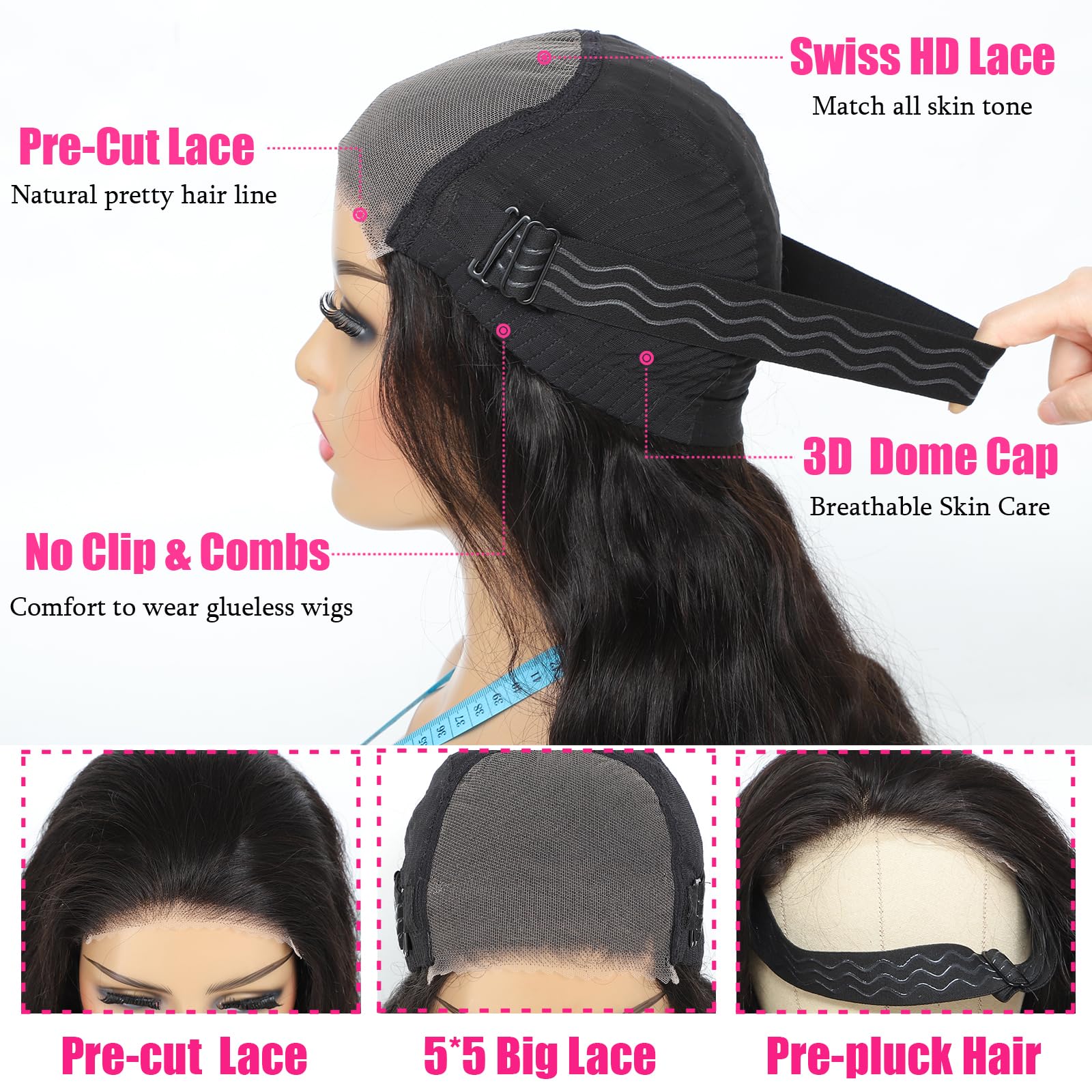 Uveous body wave lace front cap feature with stretch-fit comfort.