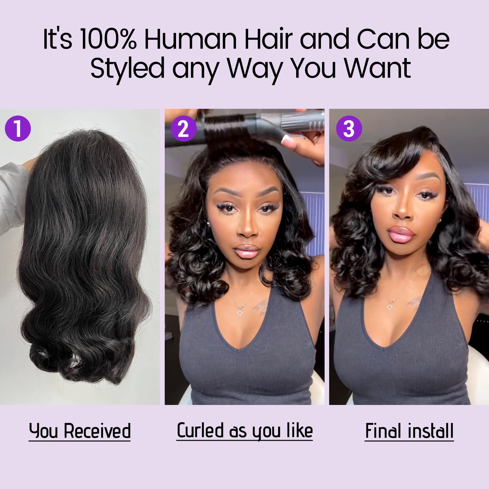 UVVUVV 180% density Brazilian human hair for full-bodied look.